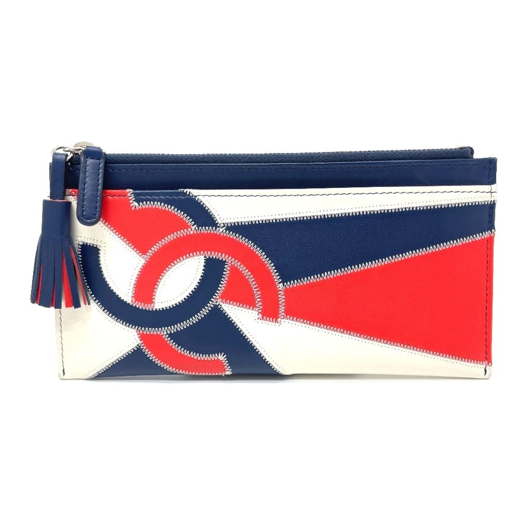 CHANEL CC Coco Mark Fringe Wallet Card Case Lambskin Blue/White/Red