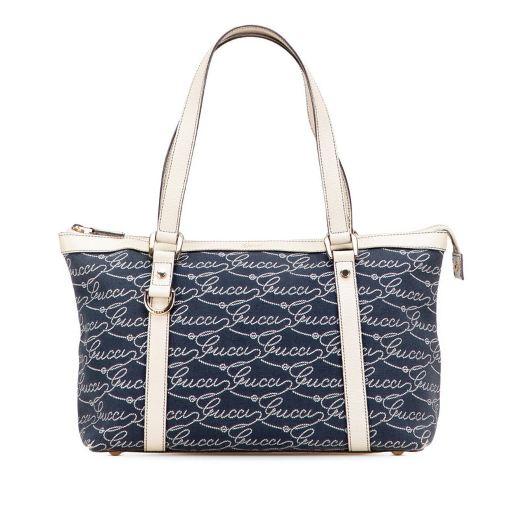 Gucci Abbey Logo Tote Bag Navy Beige Canvas Leather