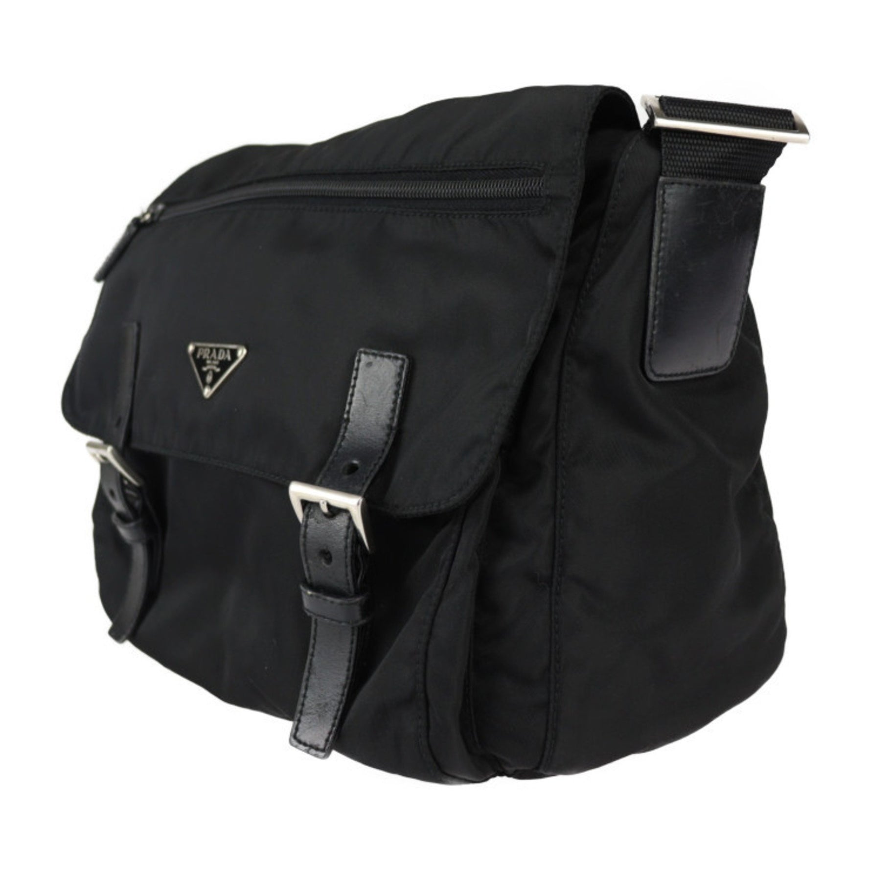 PRADA Bag Shoulder Nylon Leather Flap Crossbody Triangle Plate