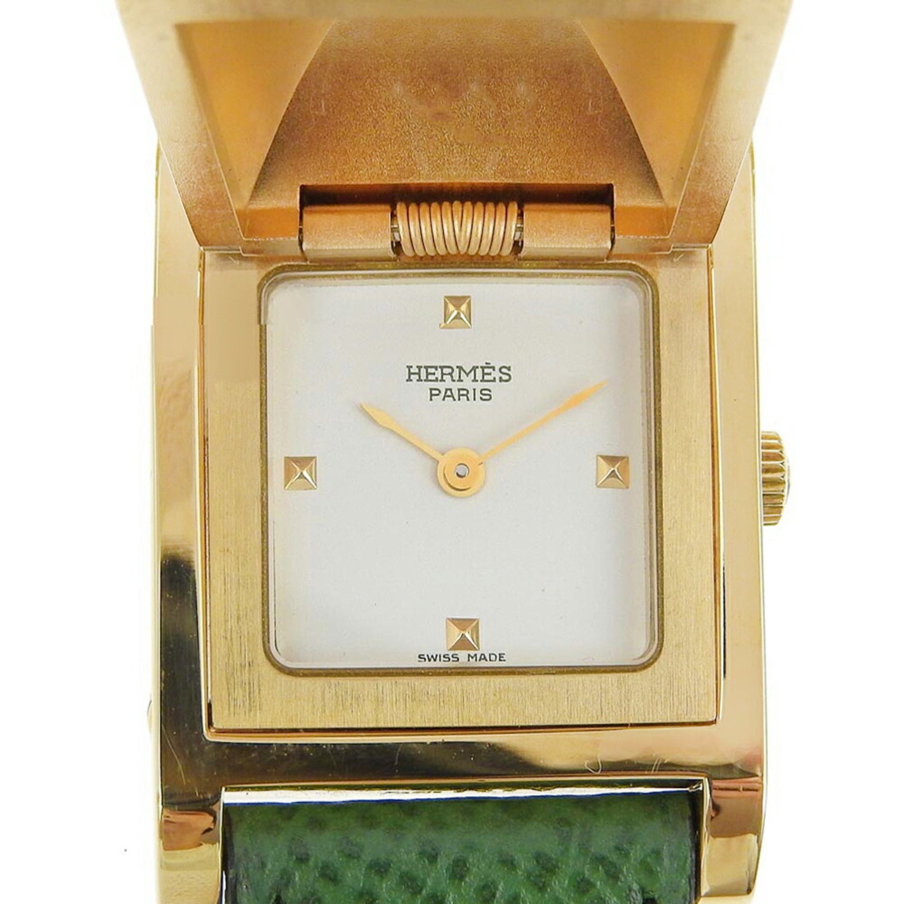 Hermes Medor Watch Gold Plated x Leather 1994 Green 〇X Quartz Analog Display White Dial Ladies