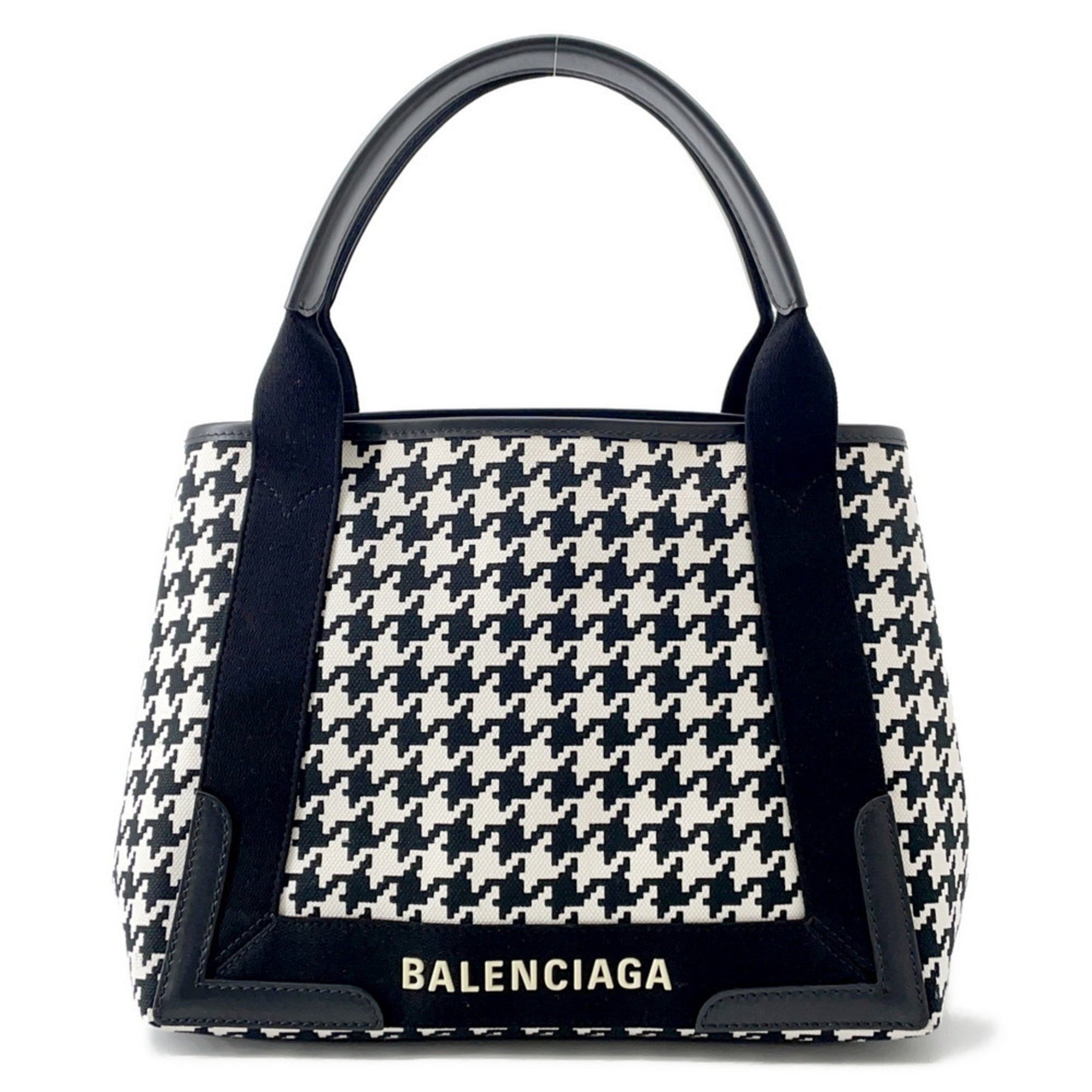 Balenciaga Navy Cabas Small Tote Bag with Houndstooth Pattern, Black and White