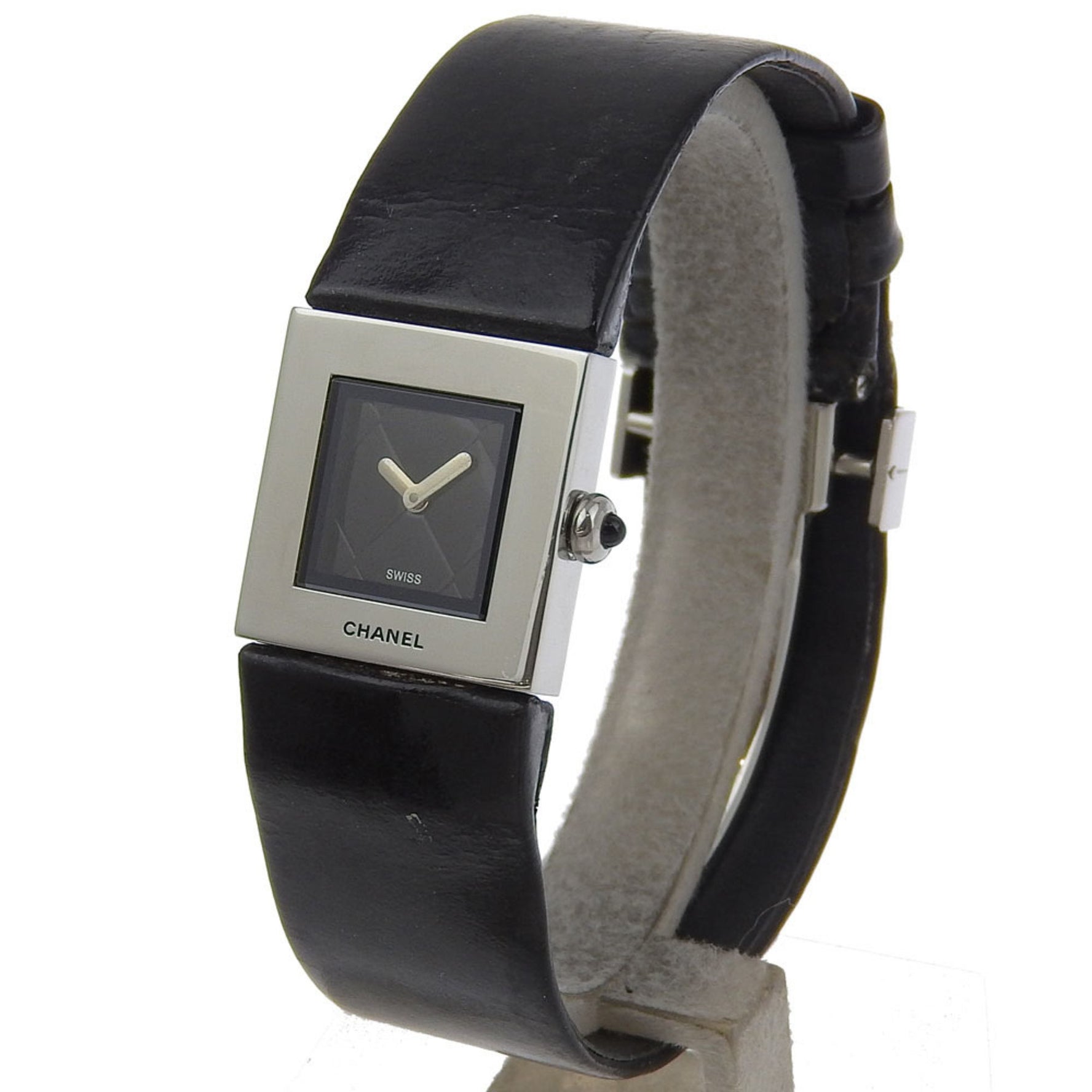 CHANEL Matelasse Watch Stainless Steel x Embossed Leather Quartz Analog Display Black Dial