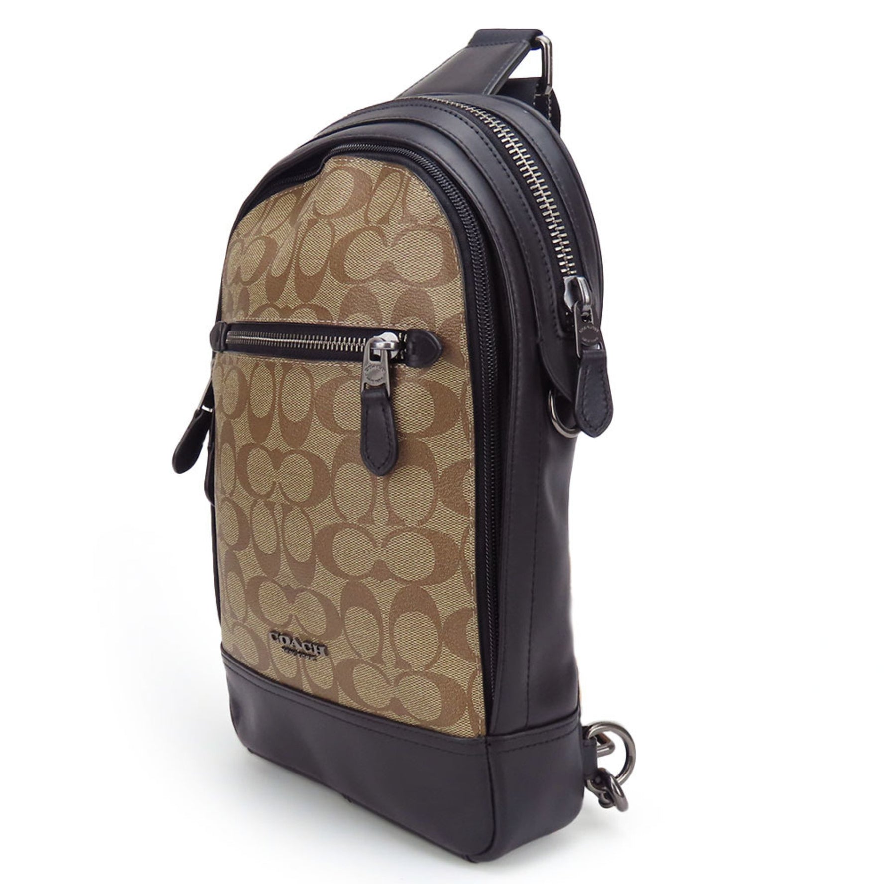 Coach Shoulder Bag Signature Leather Khaki Black Body Men's