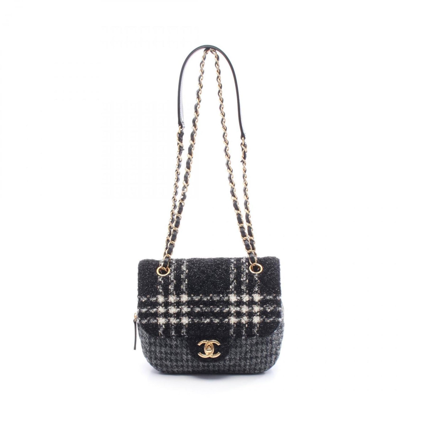 CHANEL Matelasse Shoulder Bag, Wool Fabric, Black, White, Gray