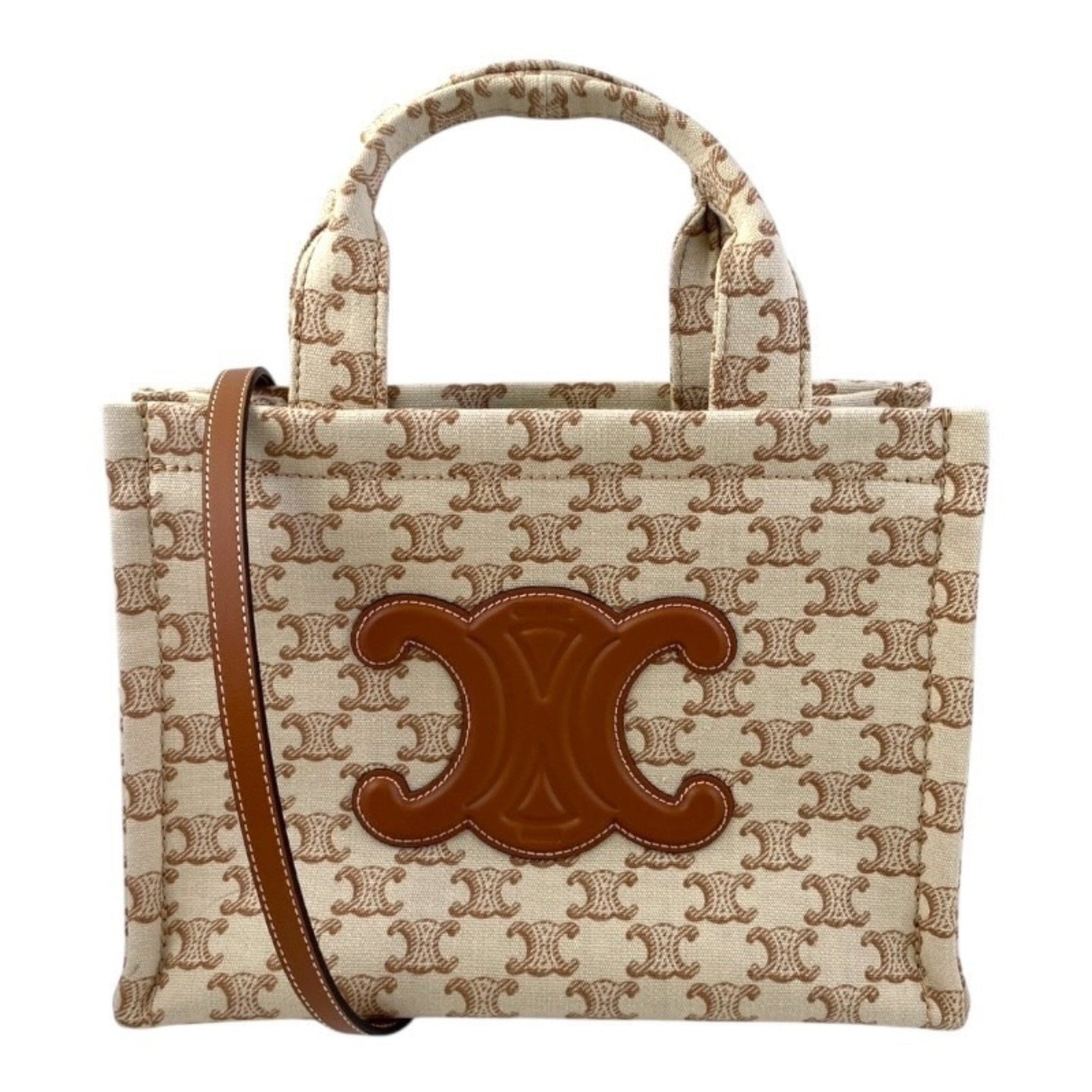 CELINE Small Cabas Thais Canvas Handbag, Handbag/Shoulder Bag, Triomphe Macadam, Beige/Brown