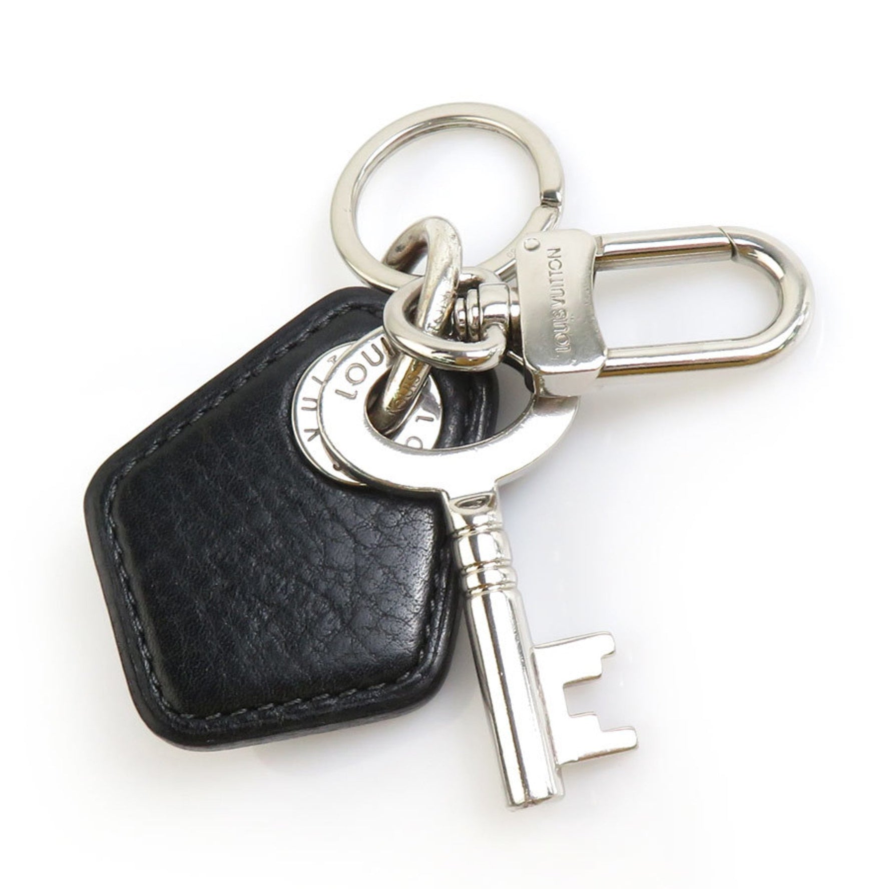 Louis Vuitton Charm Key Ring Portocle LV Creme Metal Leather Black x Silver Men's