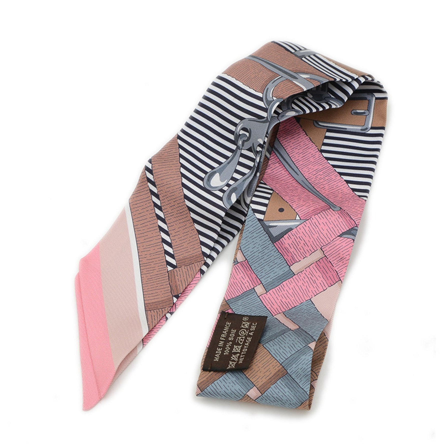 Hermes Hermès Twilly Scarf/Muffler, Horse Bit, Chemise, Vieux Rose, Gray, Camel, 100% Silk