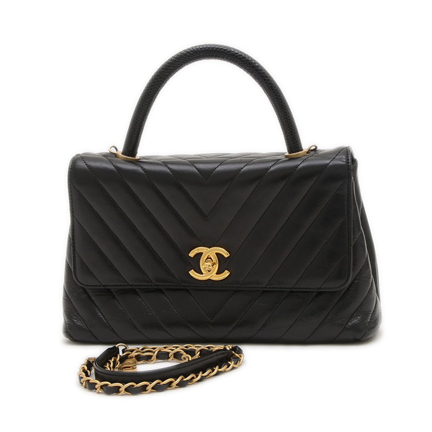 Chanel Chevron Coco Handle Flap Bag Shoulder Calfskin Gold Hardware