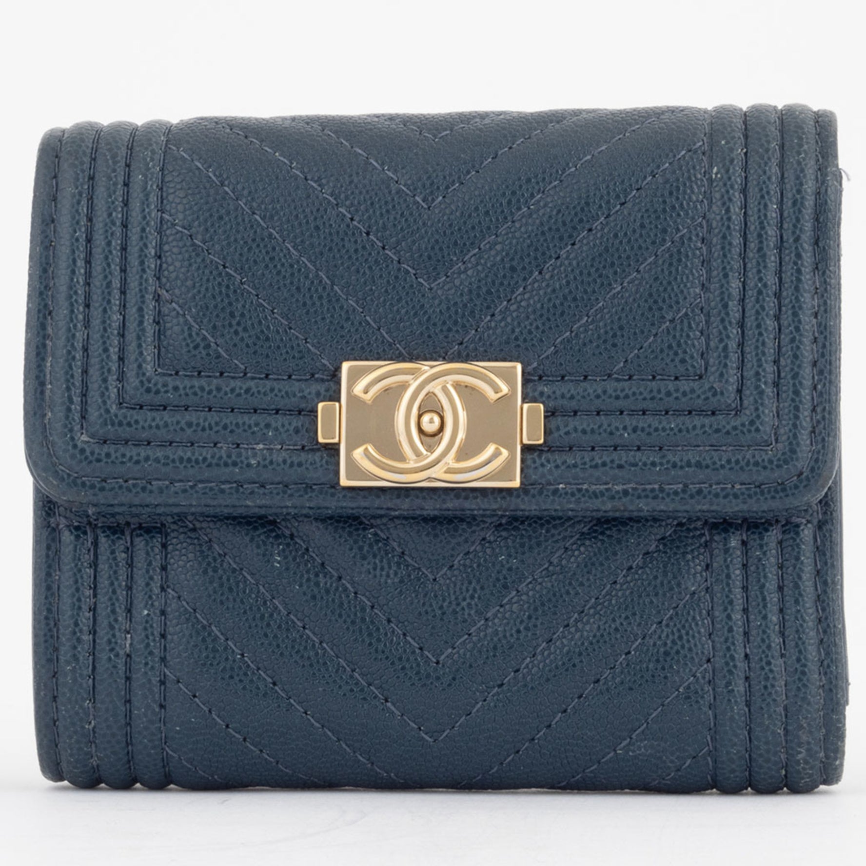 Chanel Boy Chevron Compact Tri-fold Wallet Caviar Skin Blue Green Series