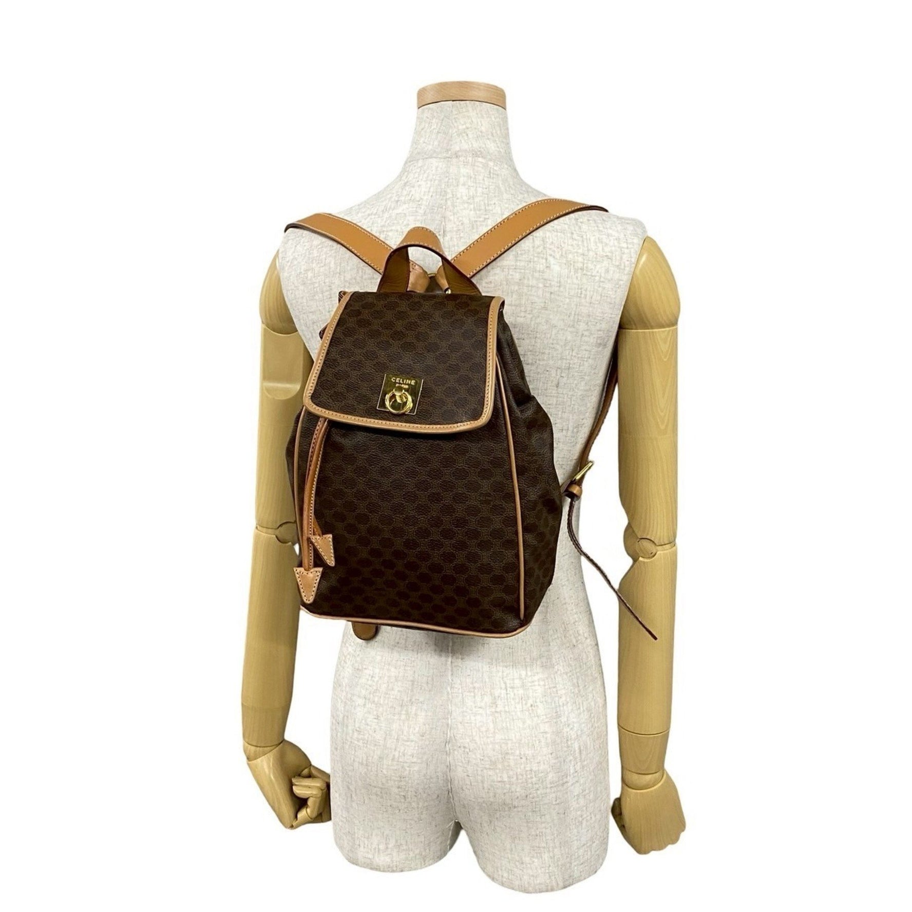 CELINE Macadam Blason Triomphe Print Logo Ring Hardware Leather Backpack Daypack