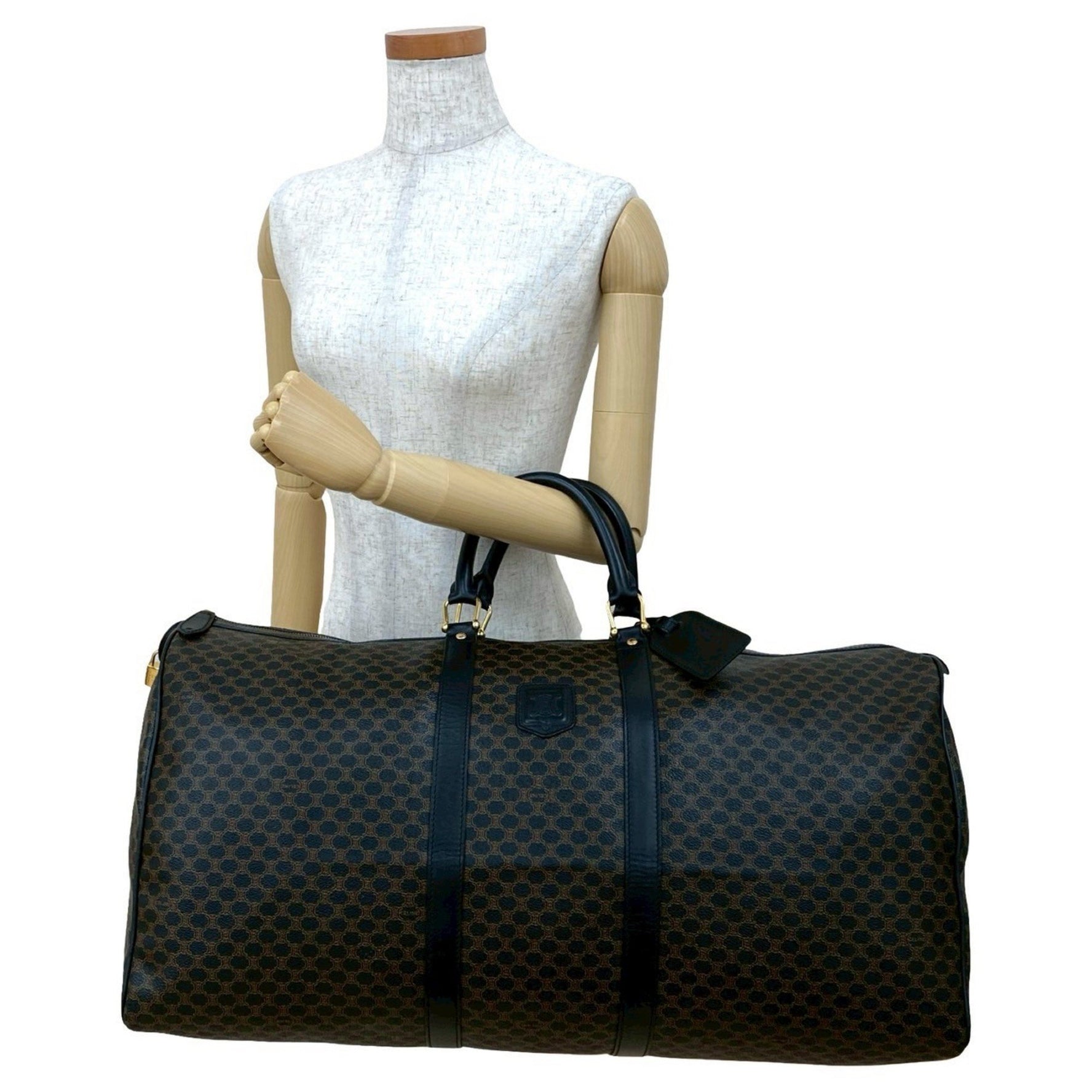 CELINE Macadam Blason with Triomphe Logo and Genuine Leather Boston Bag in Brown Black