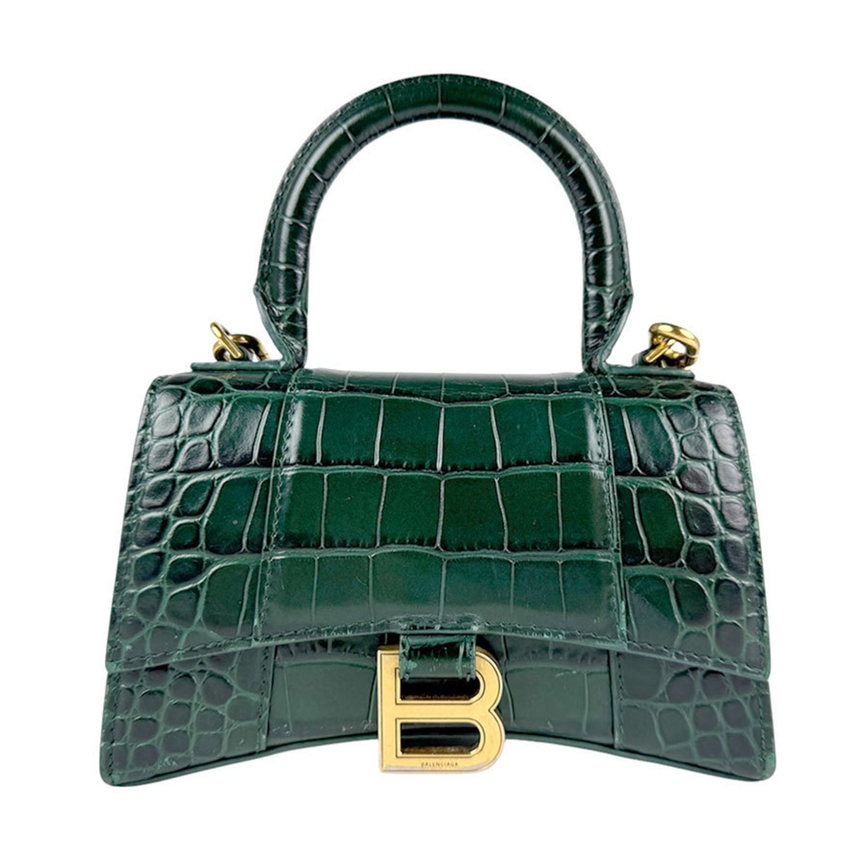 BALENCIAGA Handbag Shoulder Bag Hourglass Top Handle Embossed Leather Dark Green Gold