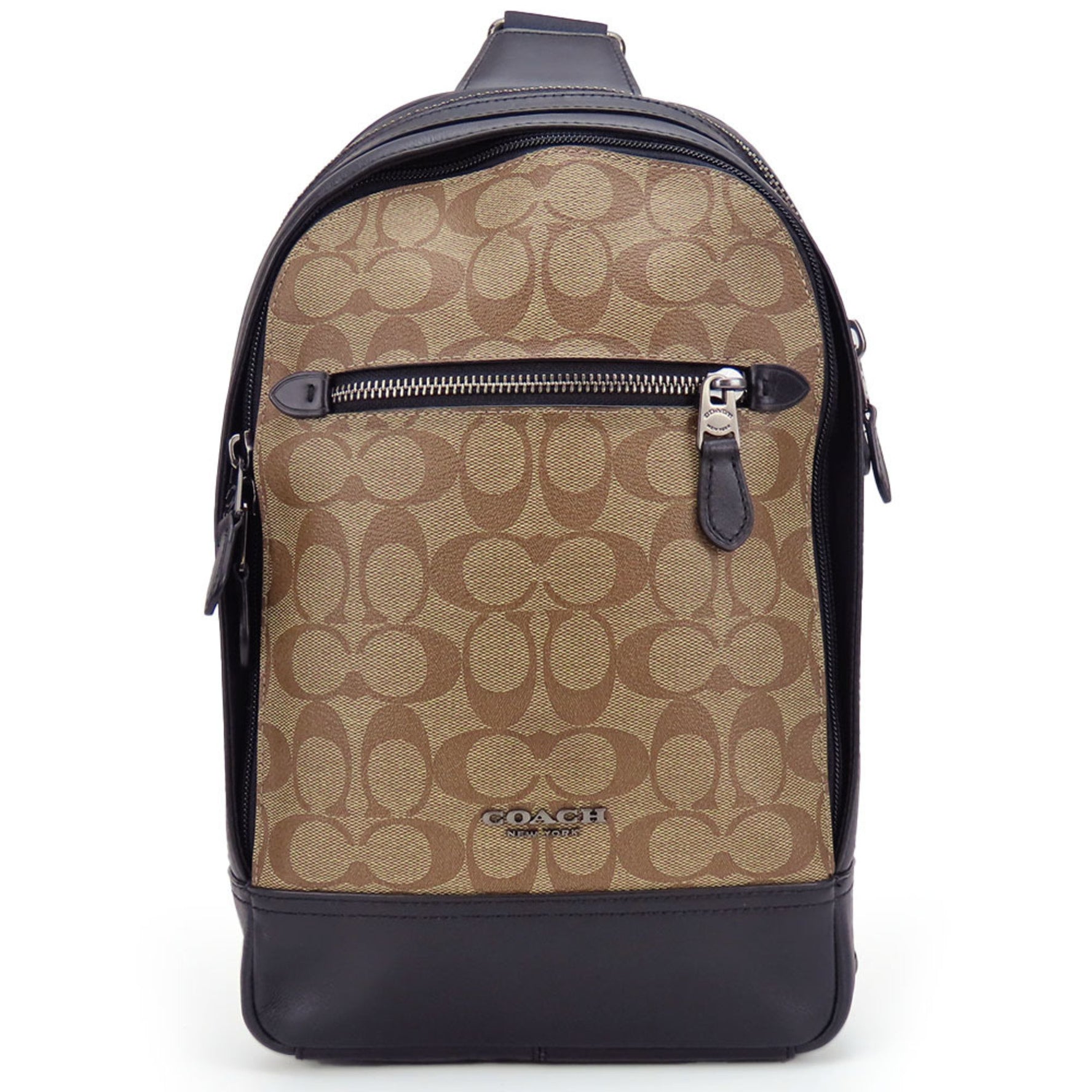Coach Shoulder Bag Signature Leather Khaki Black Body Men's