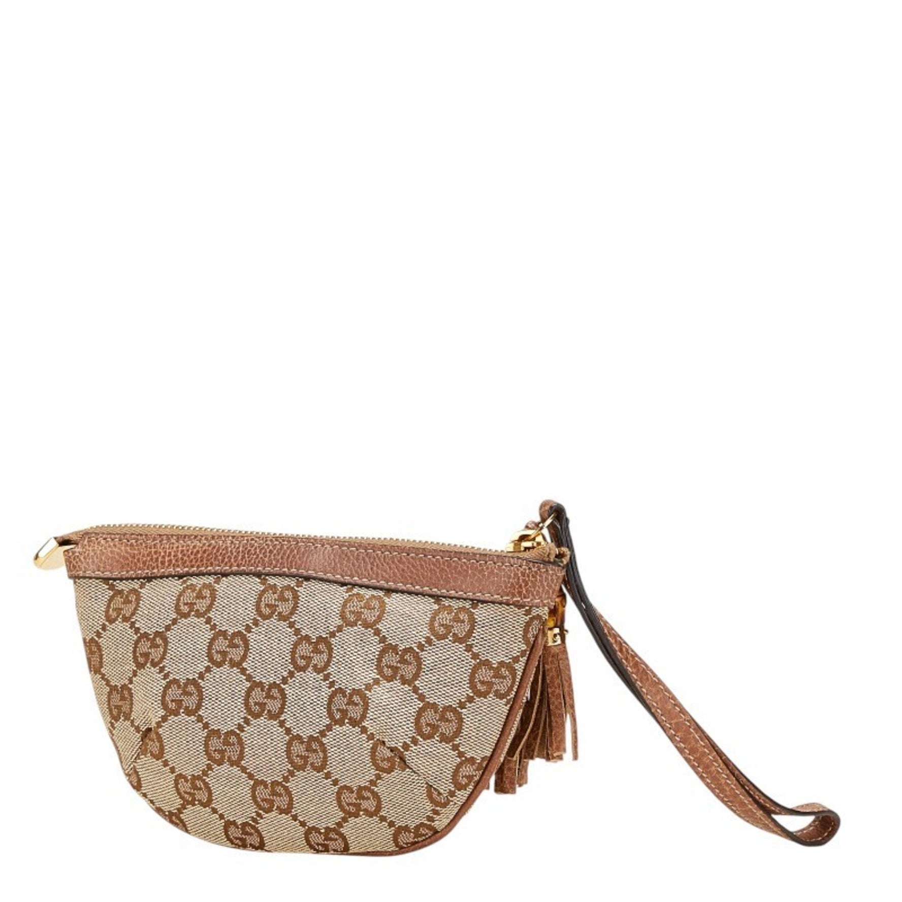 Gucci GG Canvas Bamboo Pouch Beige Brown Leather