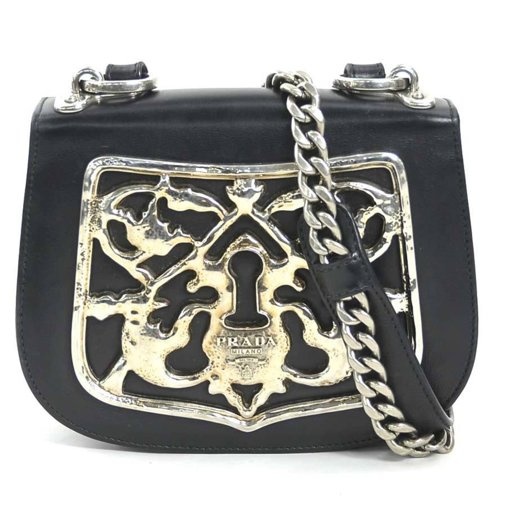 PRADA shoulder bag leather metal black silver women's 1BH071 a0547