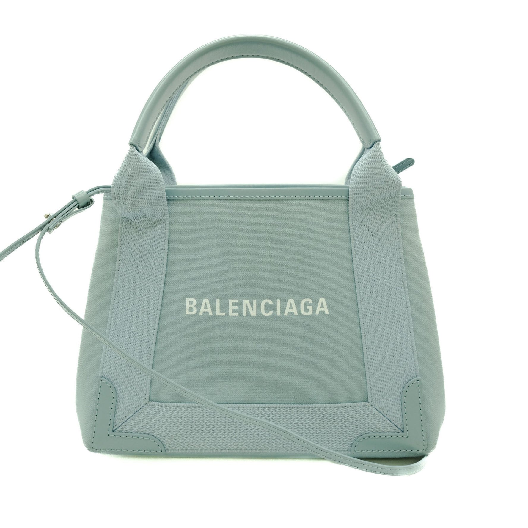 BALENCIAGA Navy Cabas XS Tote Bag Leather Canvas Light Blue