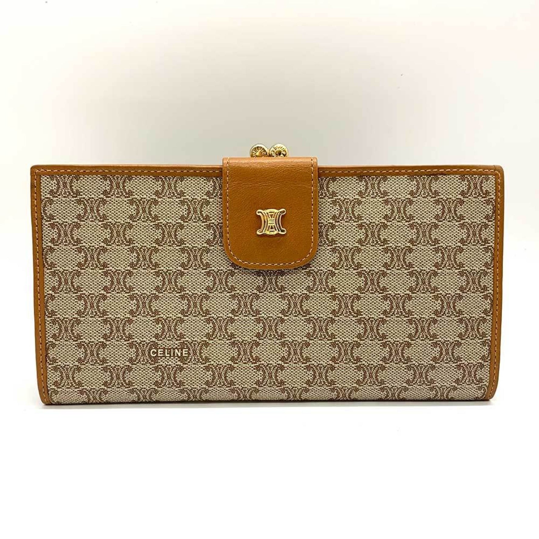 Celine Triomphe Pattern Long Wallet Beige x Brown Ladies