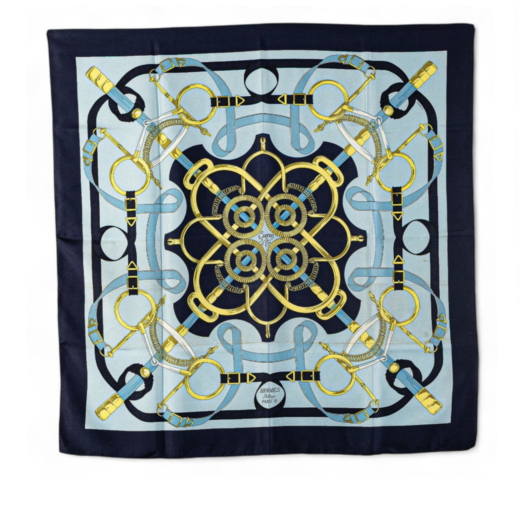 Hermes Hermès Carré 90 Eperon d'or Golden Spur Scarf, Navy, Light Blue, Multicolor, Silk