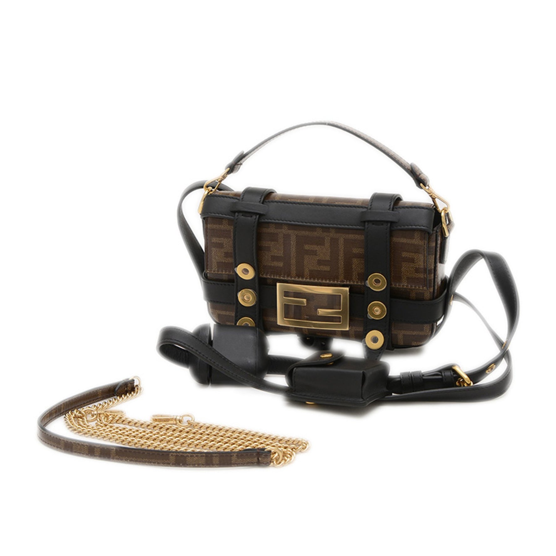 Fendi Zucca Bucket Bag Shoulder Leather Brown Black
