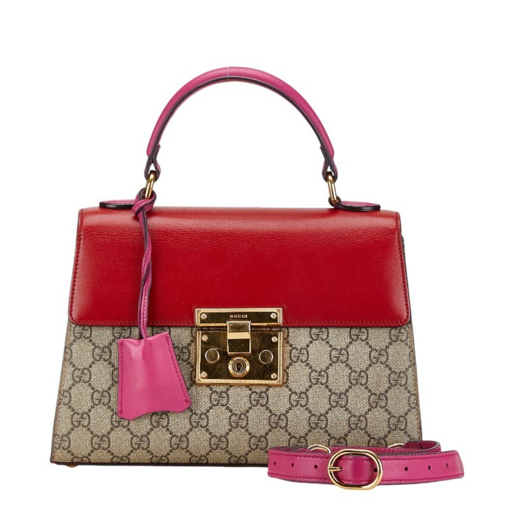 Gucci GG Supreme Handbag Shoulder Bag Beige Red Pink PVC Leather