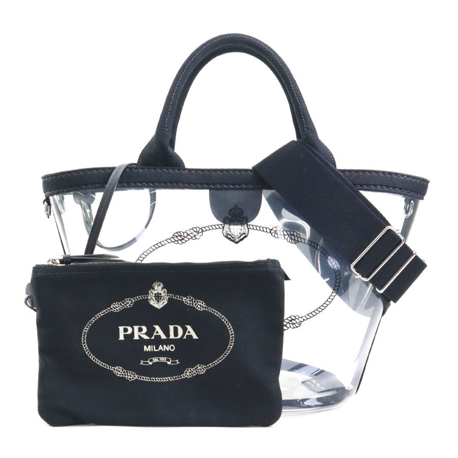 PRADA handbag shoulder bag plex fabric vinyl canvas clear black ladies