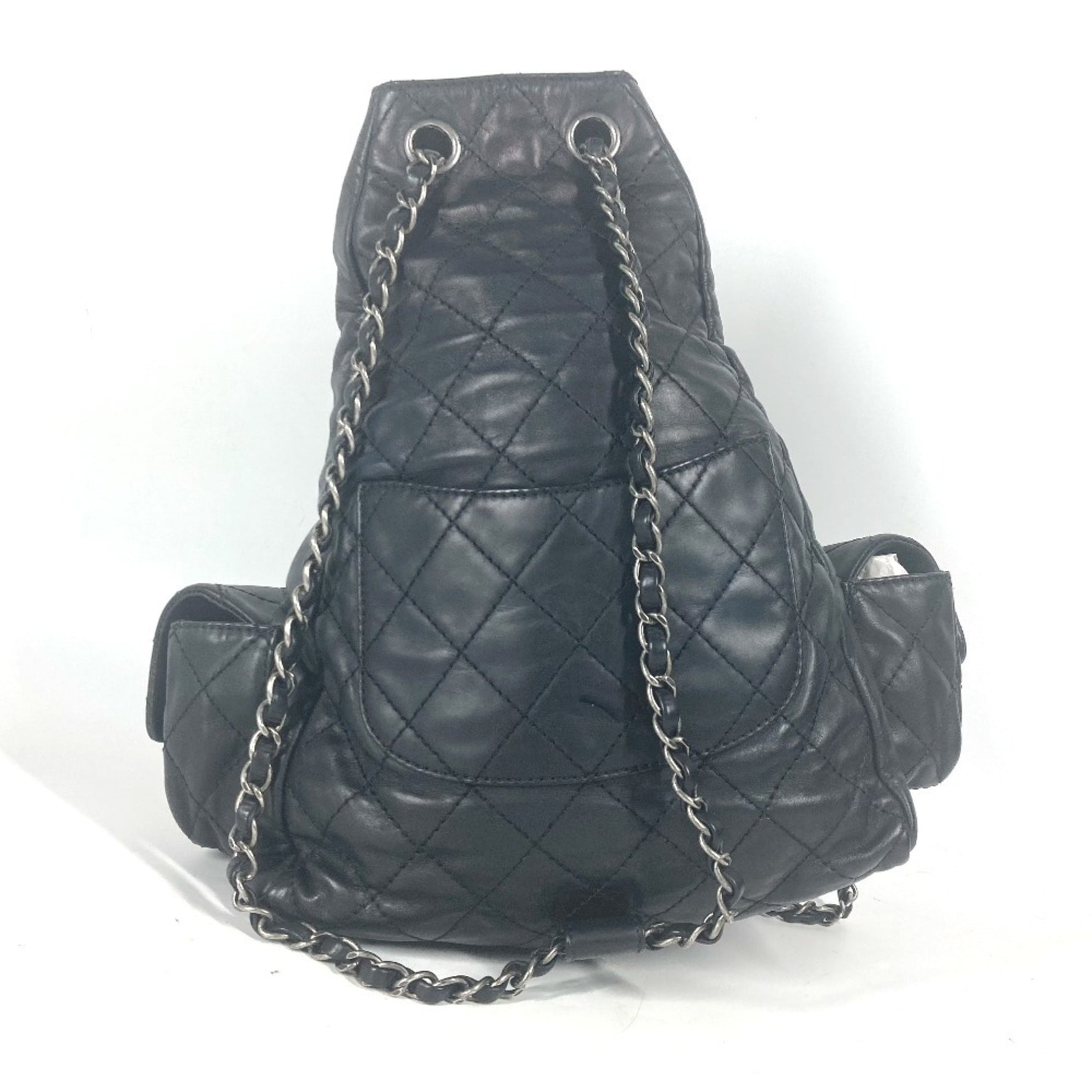 CHANEL Double Pocket Quilted Bag Zipper Chain Backpack Gunmetal Rucksack Leather