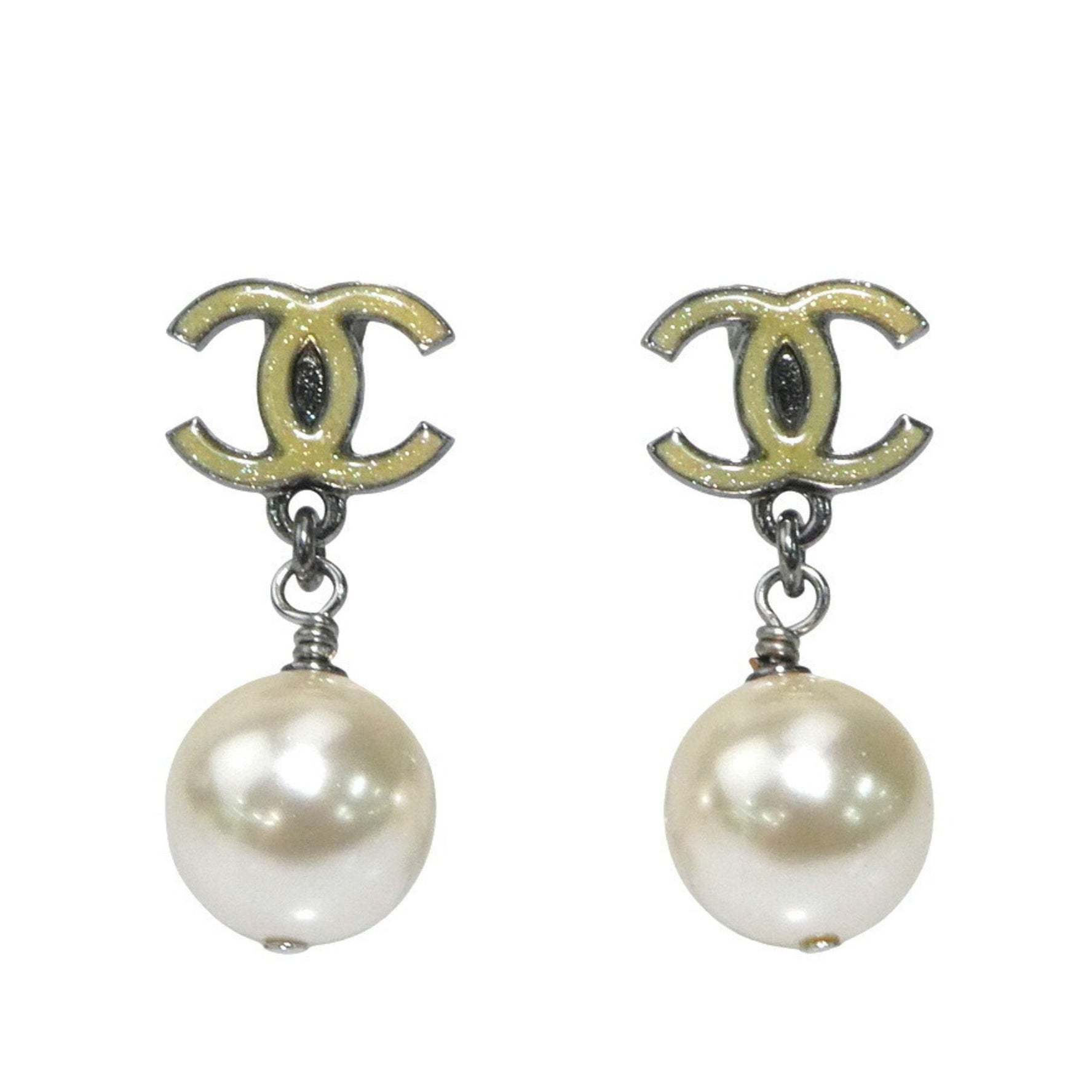 CHANEL Earrings Coco Mark Metal Faux Pearl Silver Off-White