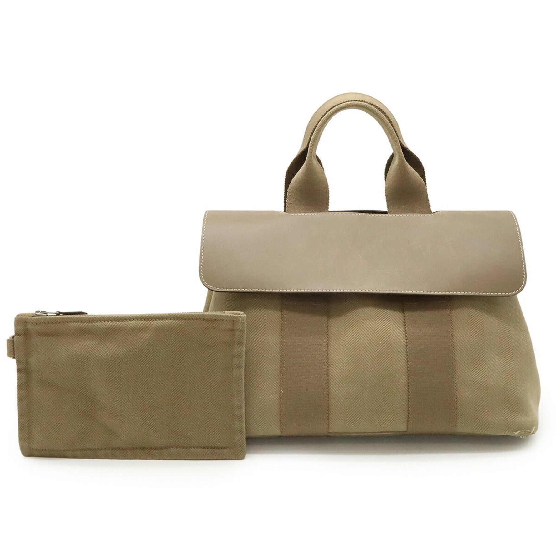 HERMES Valparaiso PM handbag tote bag in toile chevron leather and etoupe.