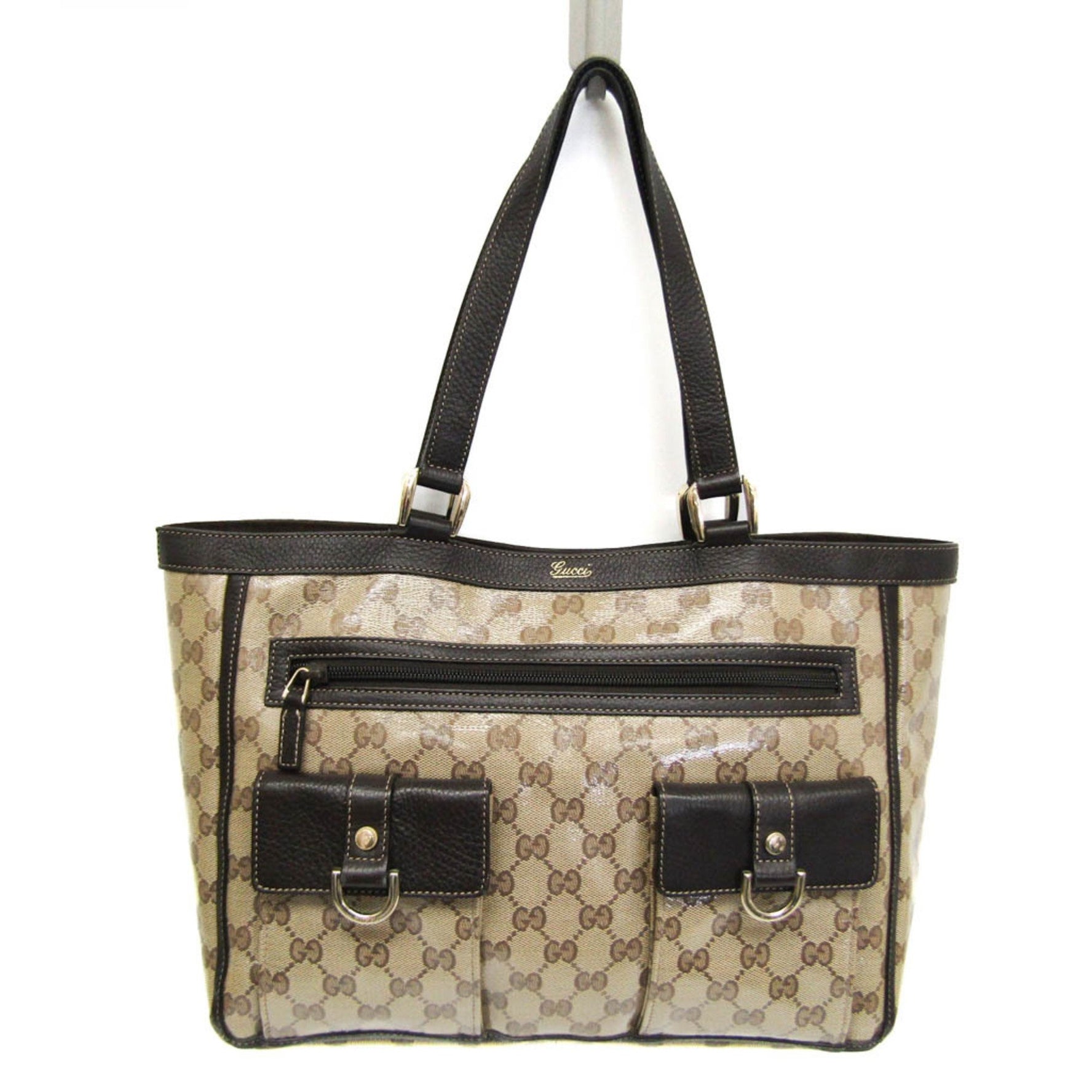 Gucci GG Crystal Leather,PVC Tote Bag Beige,Dark Brown