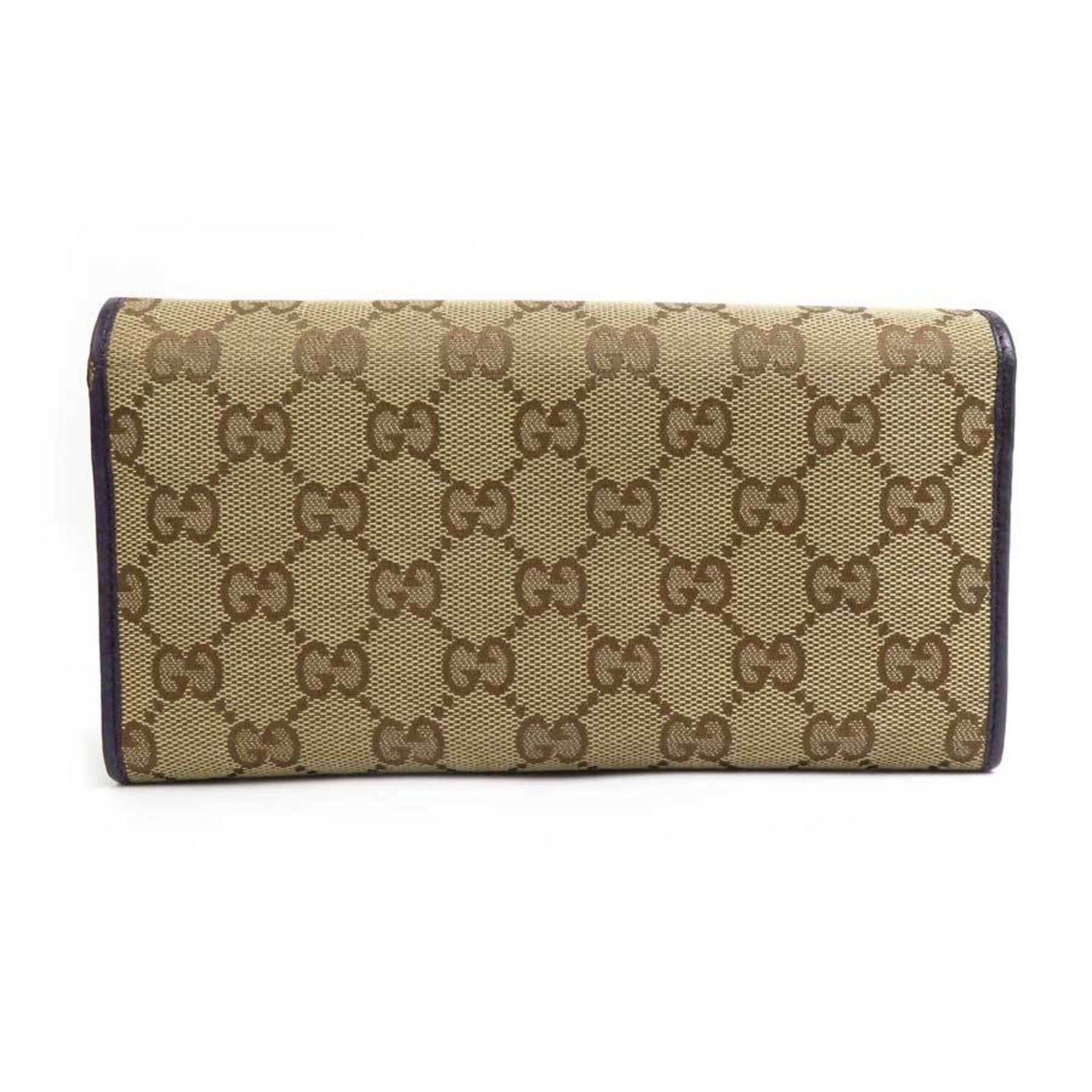 GUCCI Long Wallet Ribbon Heart GG Canvas Leather Beige Purple Gold