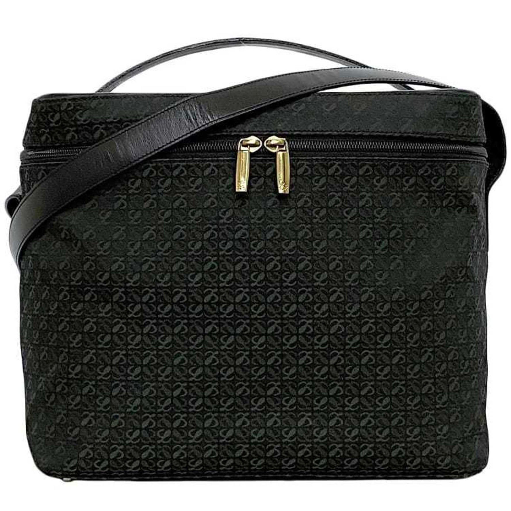 LOEWE Shoulder Bag Black Green 333.79.026 Vanity Canvas Leather Dark Makeup Boston Men's