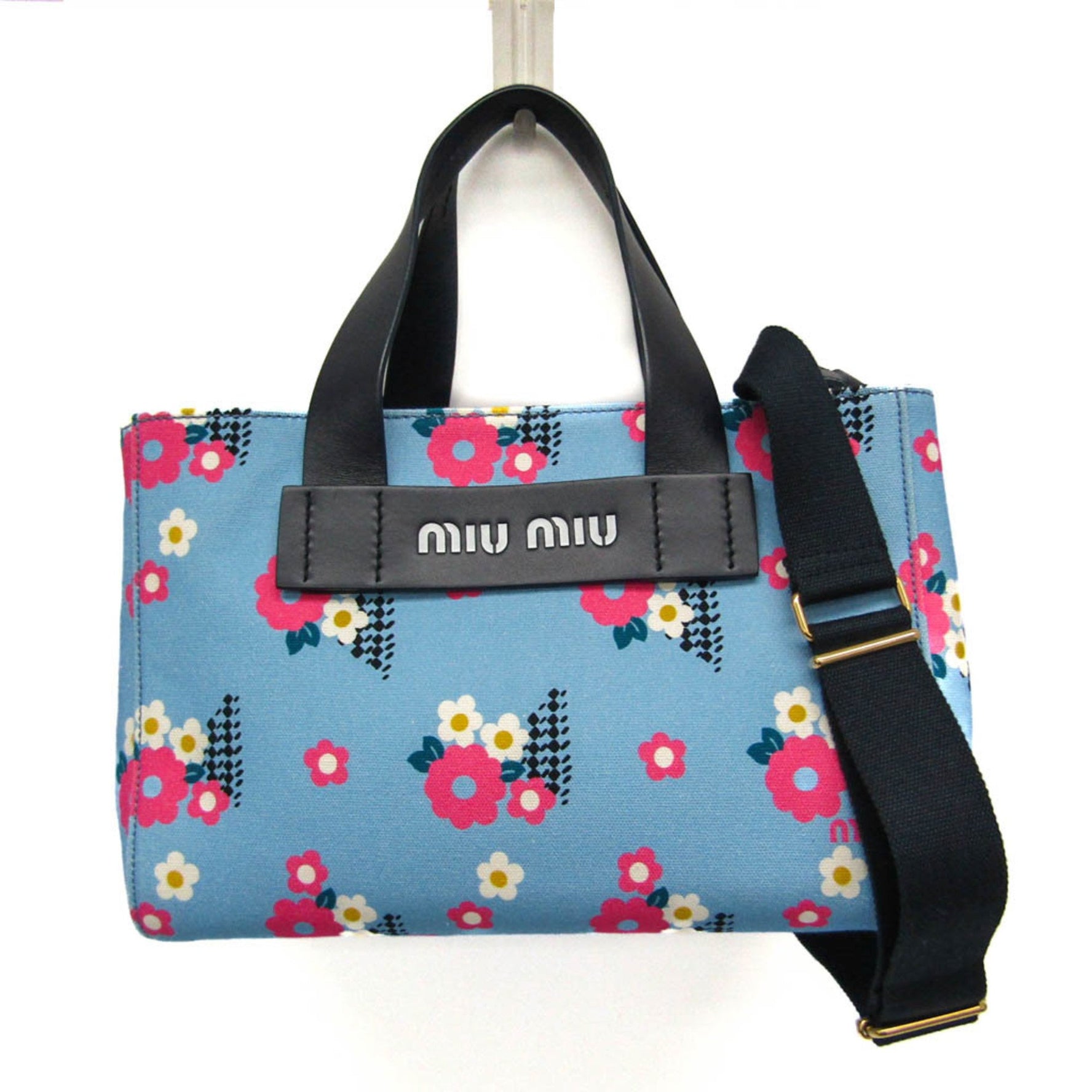 Miu Miu CANAPA FIORI Leather,Cotton Handbag,Shoulder Bag Blue,Multi-color,Pink