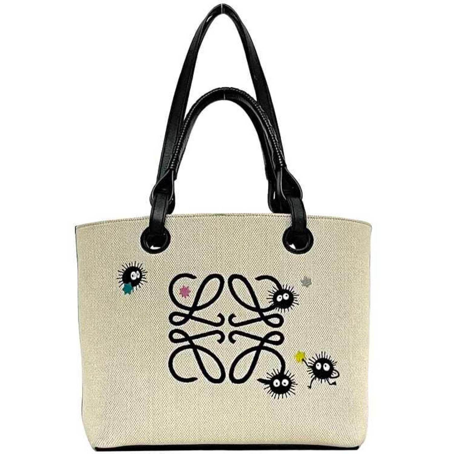 LOEWE Tote Bag White Black Ghibli Spirited Away Anagram Susuwatari Collaboration Canvas Leather Embroidery Makkuro Kurosuke Character