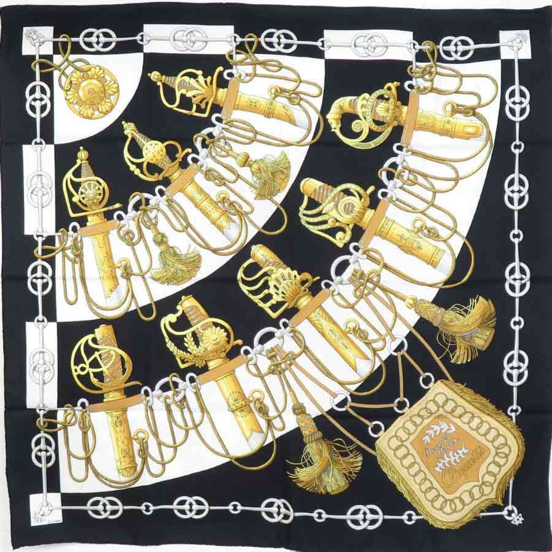 Hermes Scarf/Muffler Carre 90 Cliquetis Silk Black Gold White