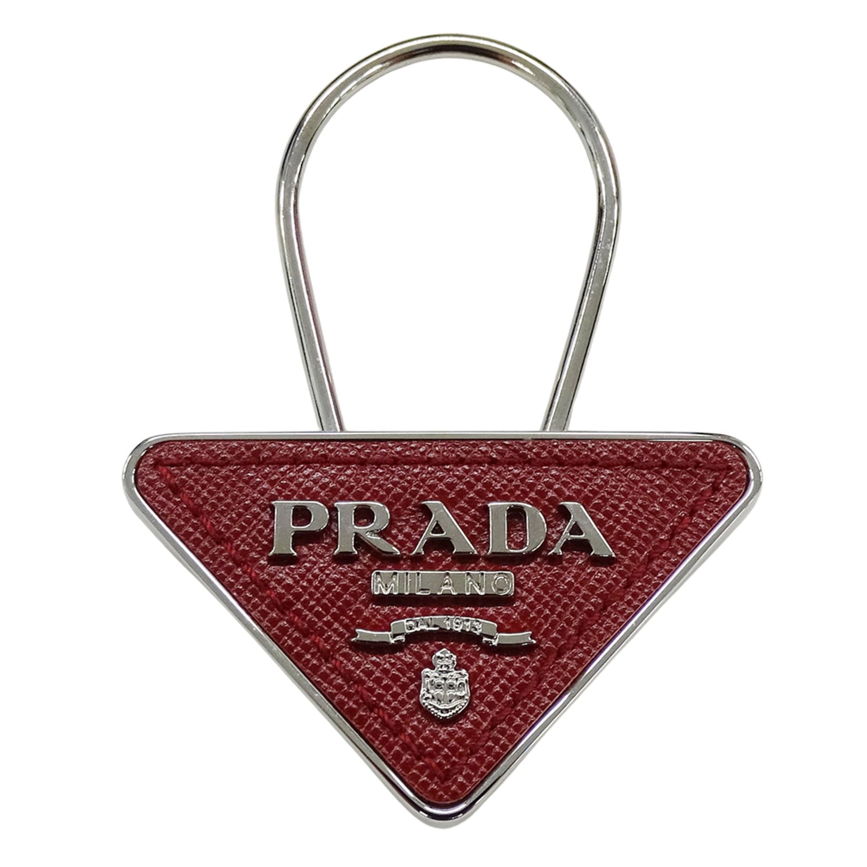 Prada Key Ring Metal Leather Triangle Design with Red Silver Hardware Logo
