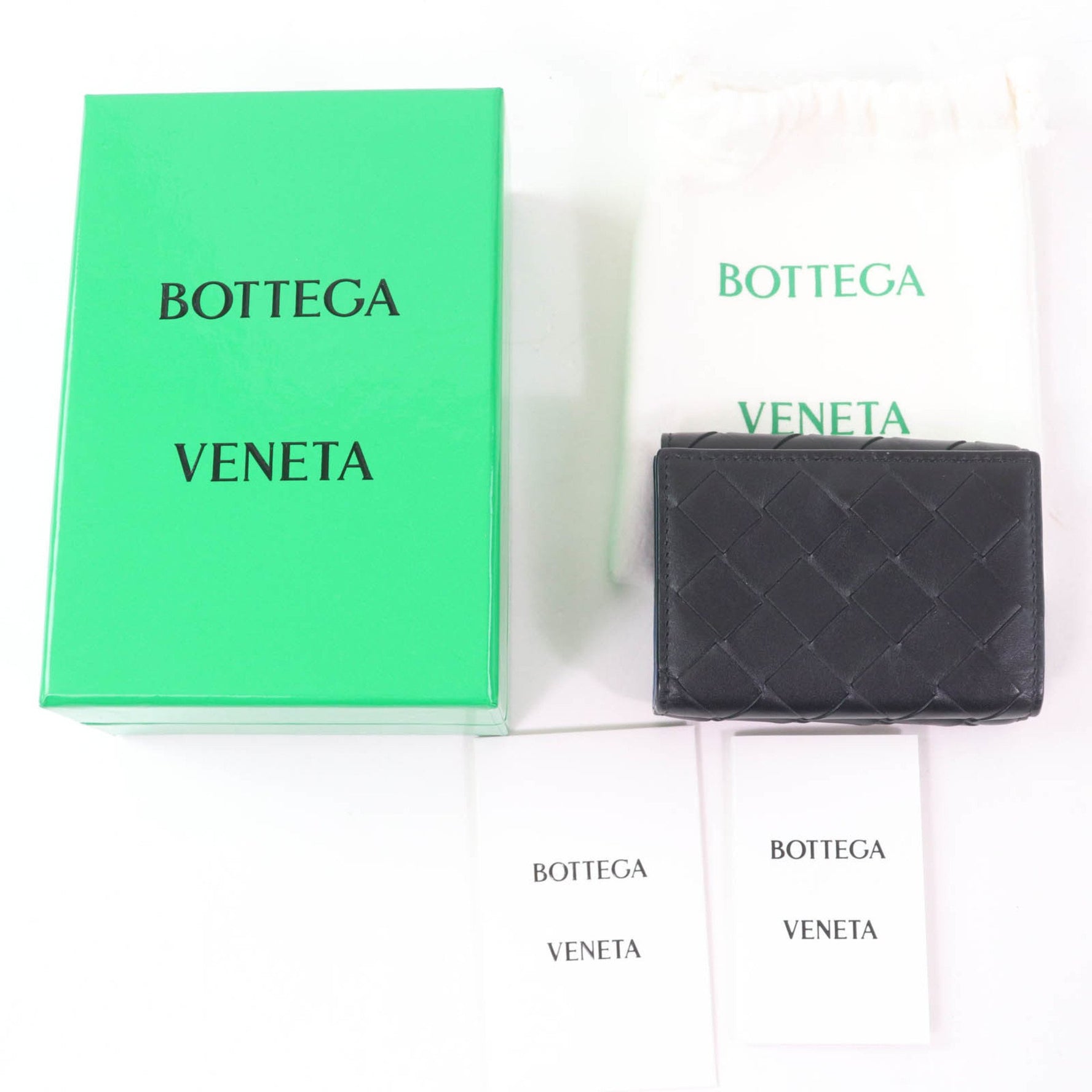 BOTTEGA VENETA Leather Intrecciato Tiny Tri-fold Wallet, Compact Black/Blue, Box and Dust Bag Included, Made in Italy