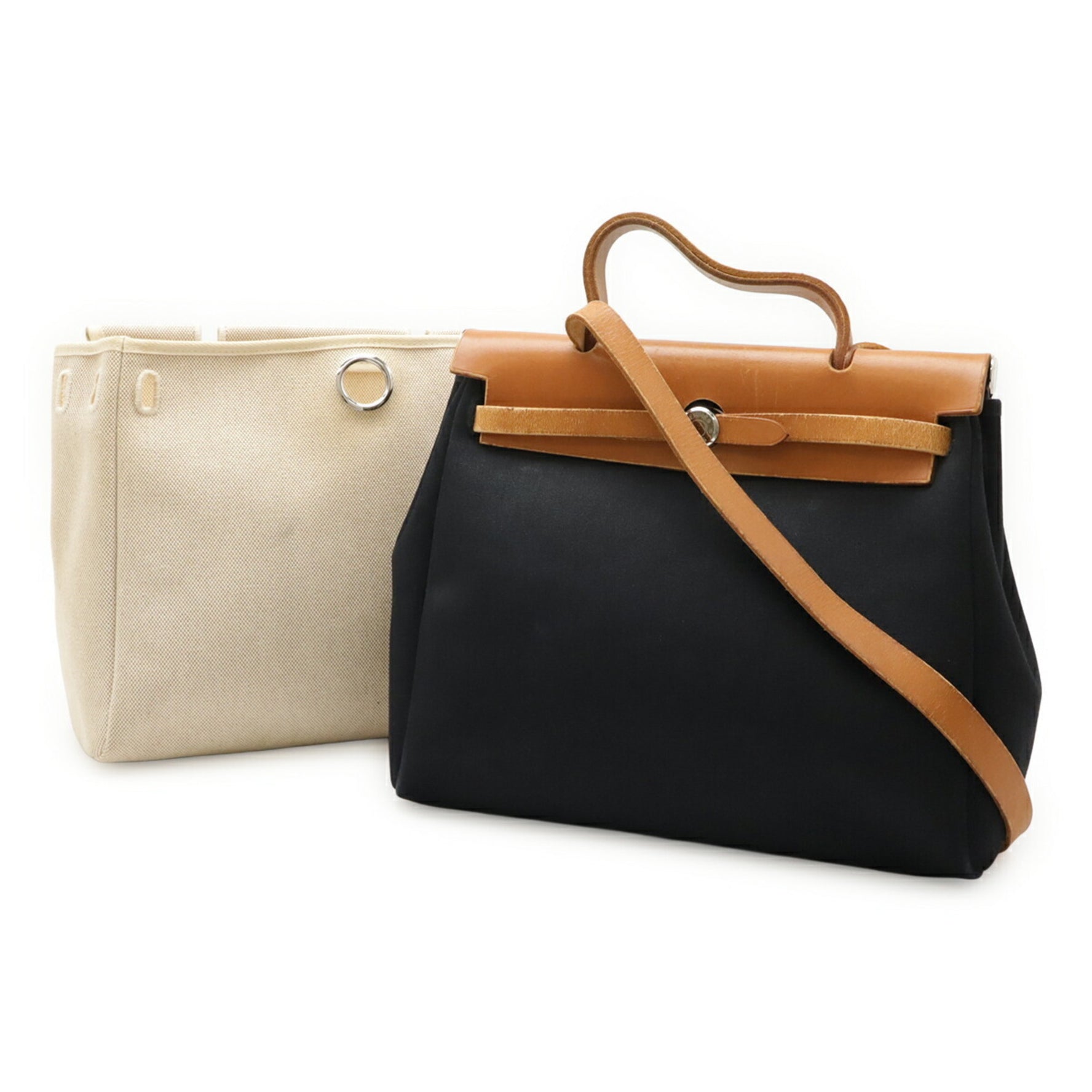 HERMES Hermès Air Bag PM Handbag/Shoulder in Toile H Officier Leather, Natural/Light Brown, with F Stamp