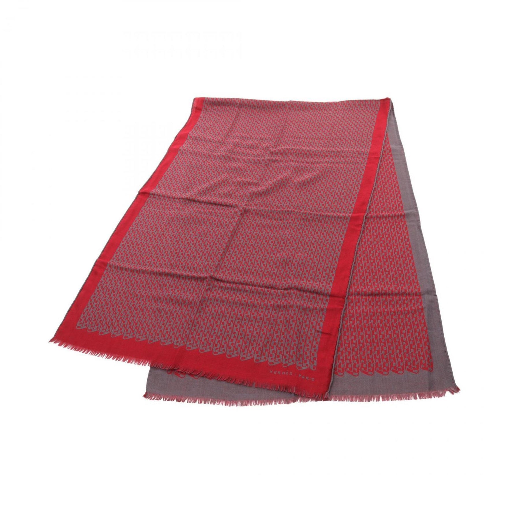 Hermes H Scarf/Scarf Stole Silk Cashmere Gray Red