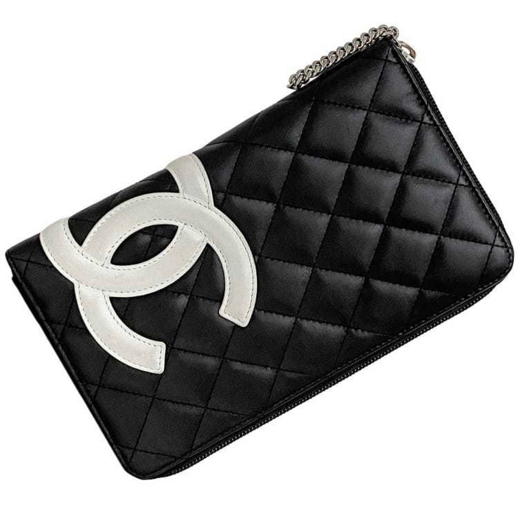 Chanel Round Long Wallet Black White Cambon Organizer Lambskin 13 Series Quilting and Coco Mark