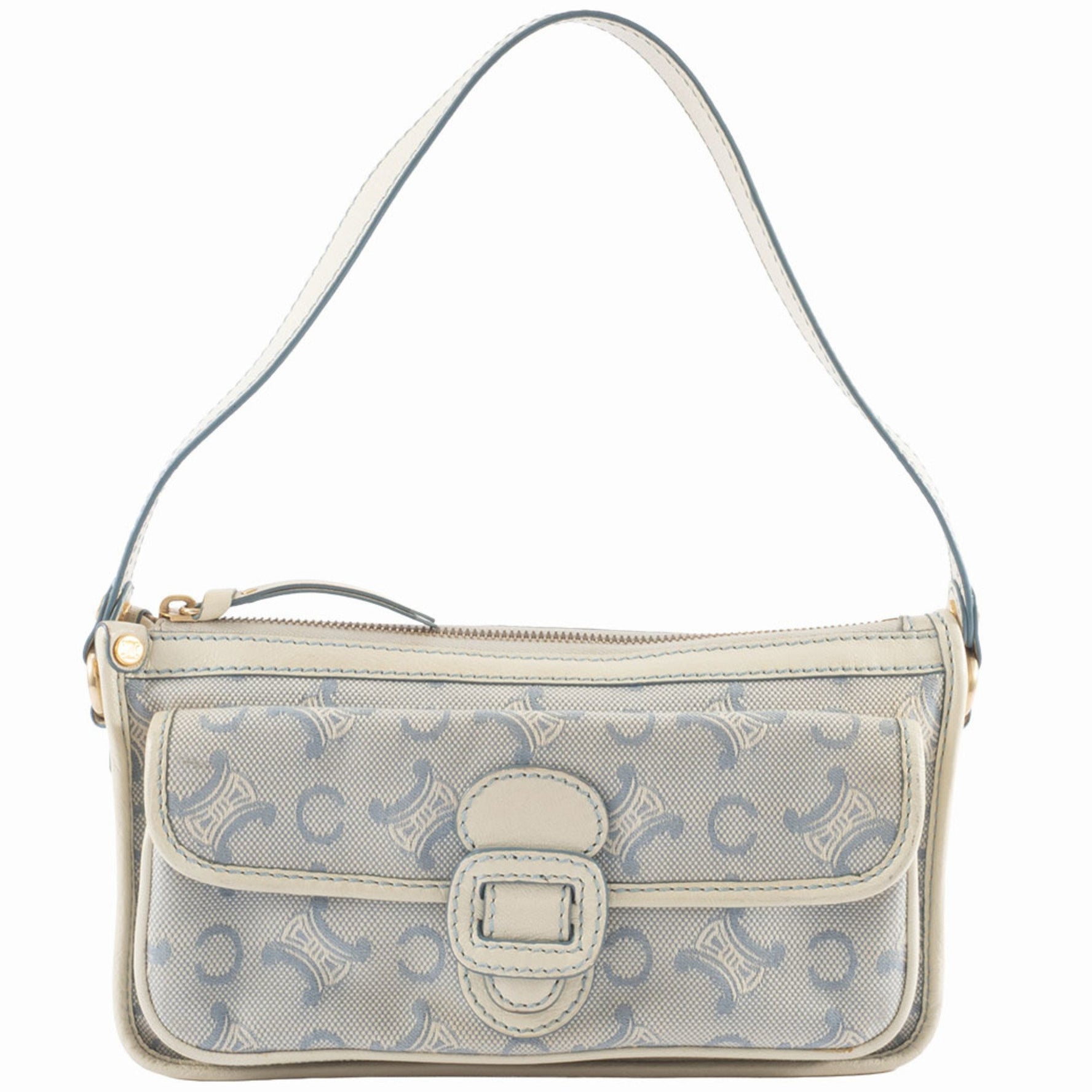 Celine C Macadam Shoulder Bag Canvas Leather White Blue Handbag