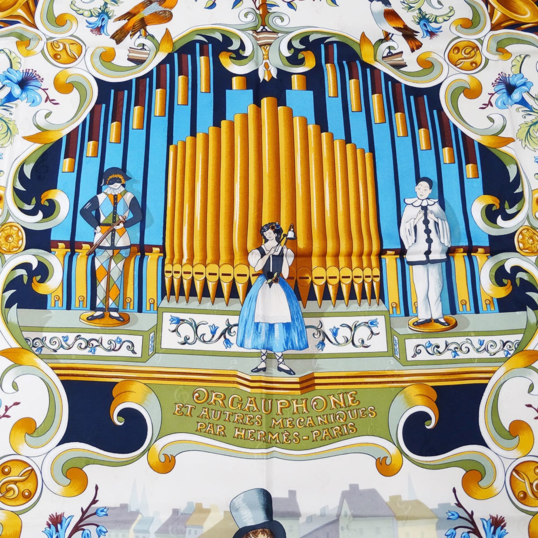 Hermès HERMES scarf/muffler brand Carré 90 ORGAUPHONE ET AUTRES MECANIQUES, pipe organ and clockwork instrument, silk, large size.