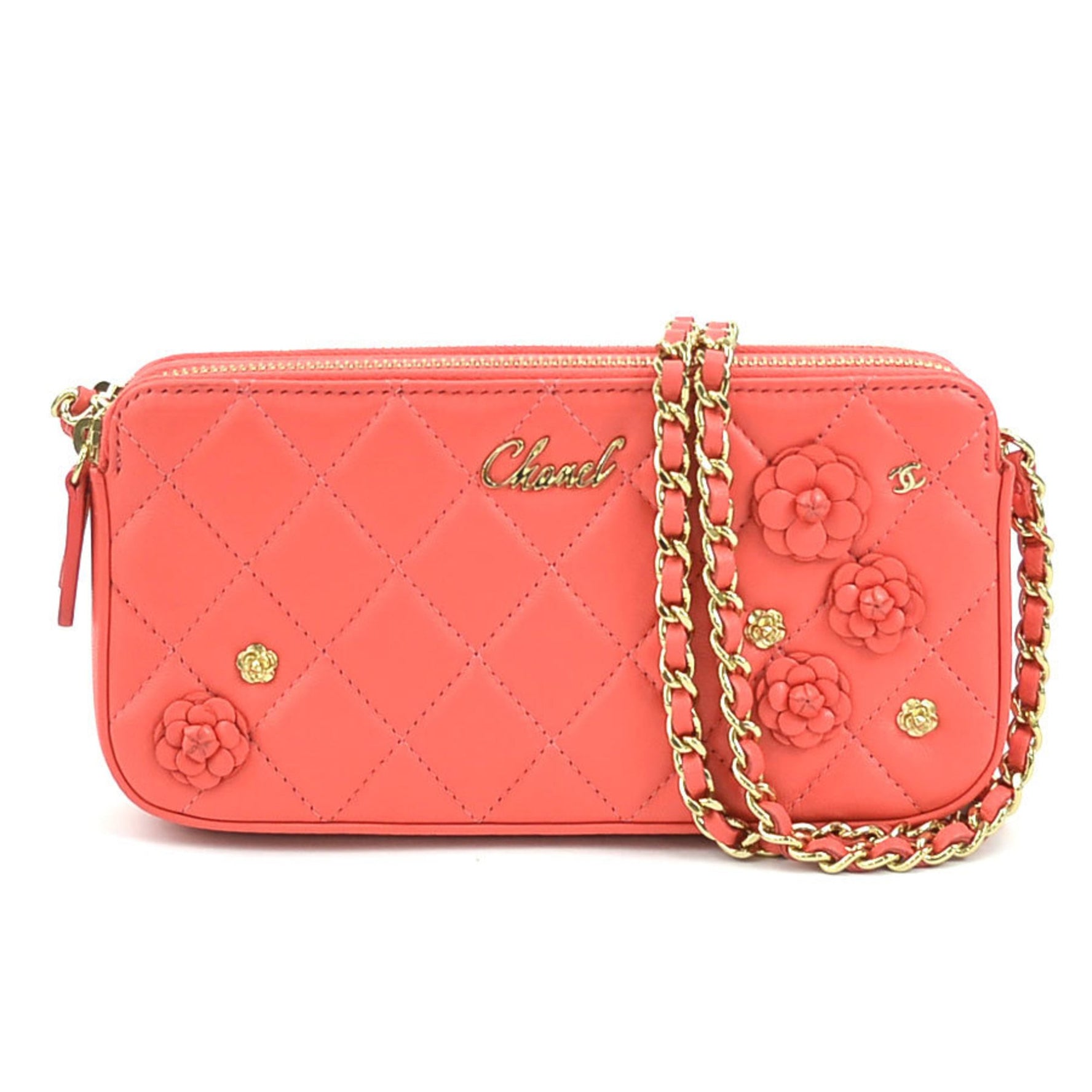 CHANEL Wallet Chain Shoulder Bag Matelasse Camellia Leather Gold
