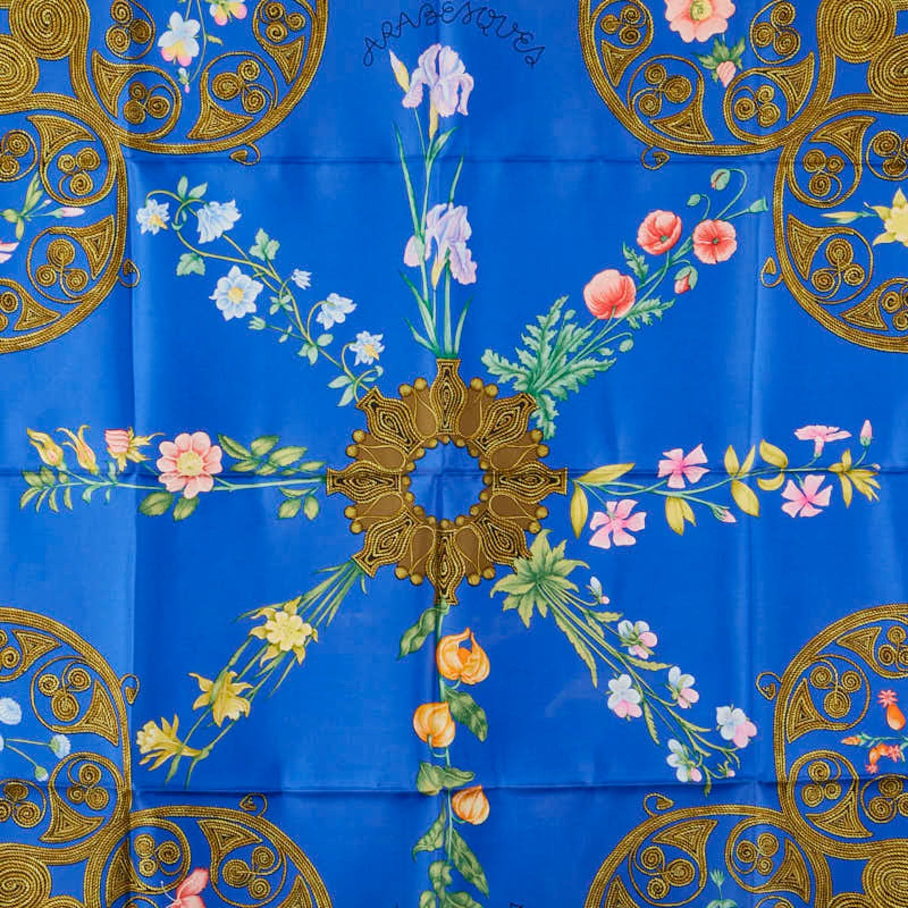 Hermes Carre 90 ARABESQUES Arabesque Scarf Muffler Blue Multicolor Silk
