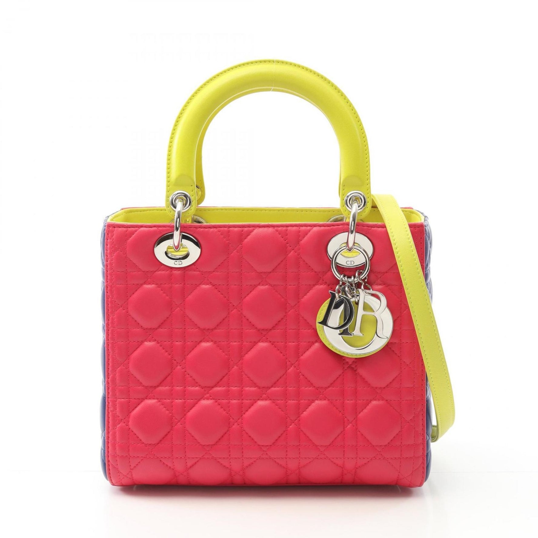 Christian Dior Dior Lady Cannage Handbag Leather Bag Pink / Yellow Blue
