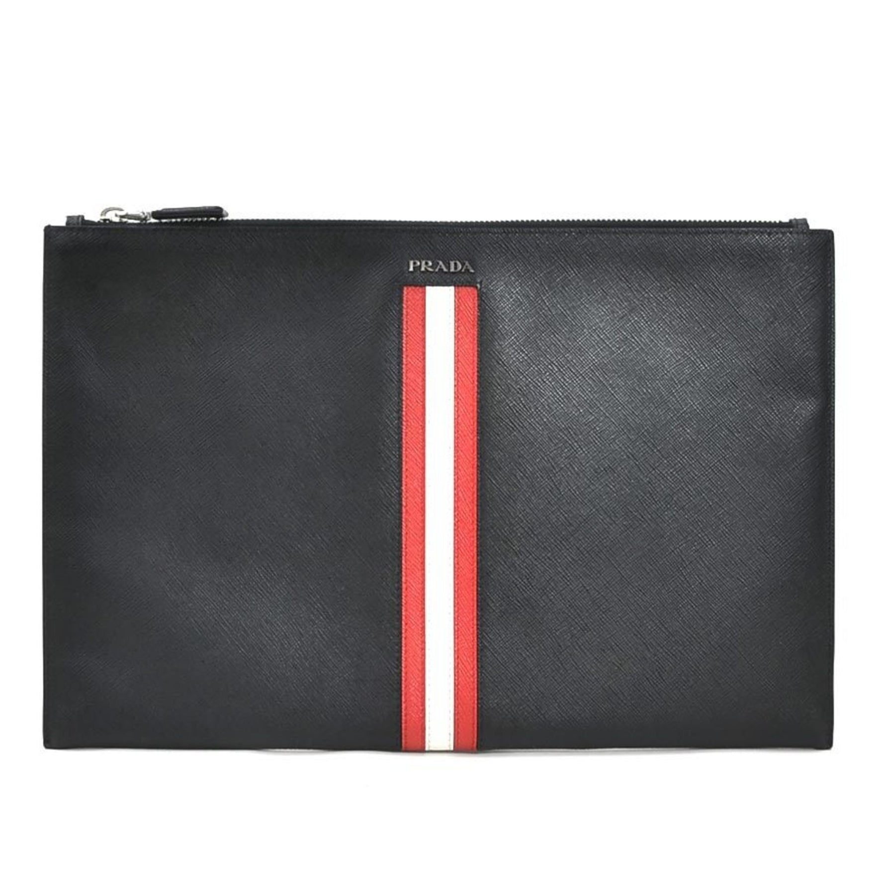 PRADA Clutch bag Leather Black x White Red Men's 55868g