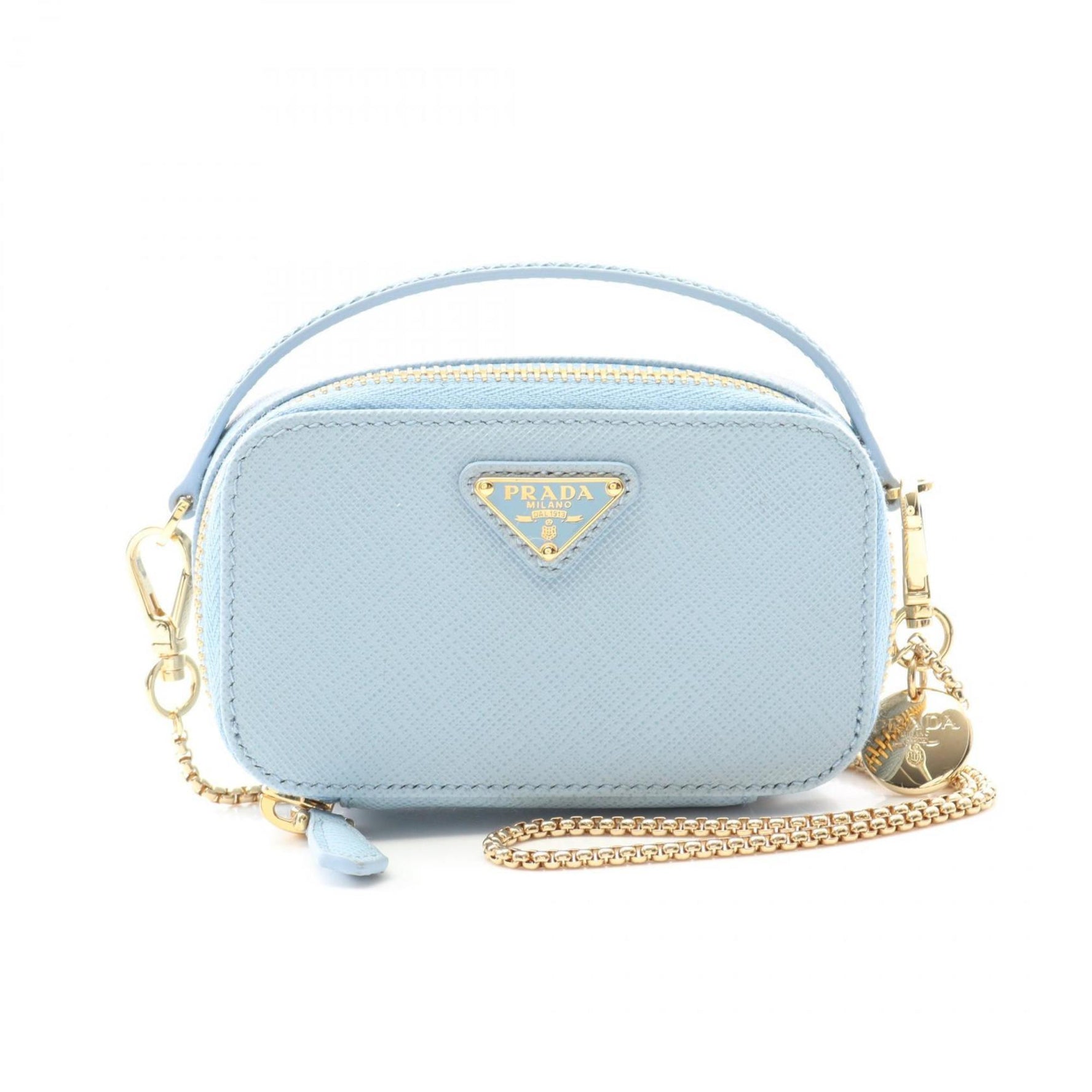 PRADA Saffiano Triangle Mini Pouch Shoulder Bag Leather Blue
