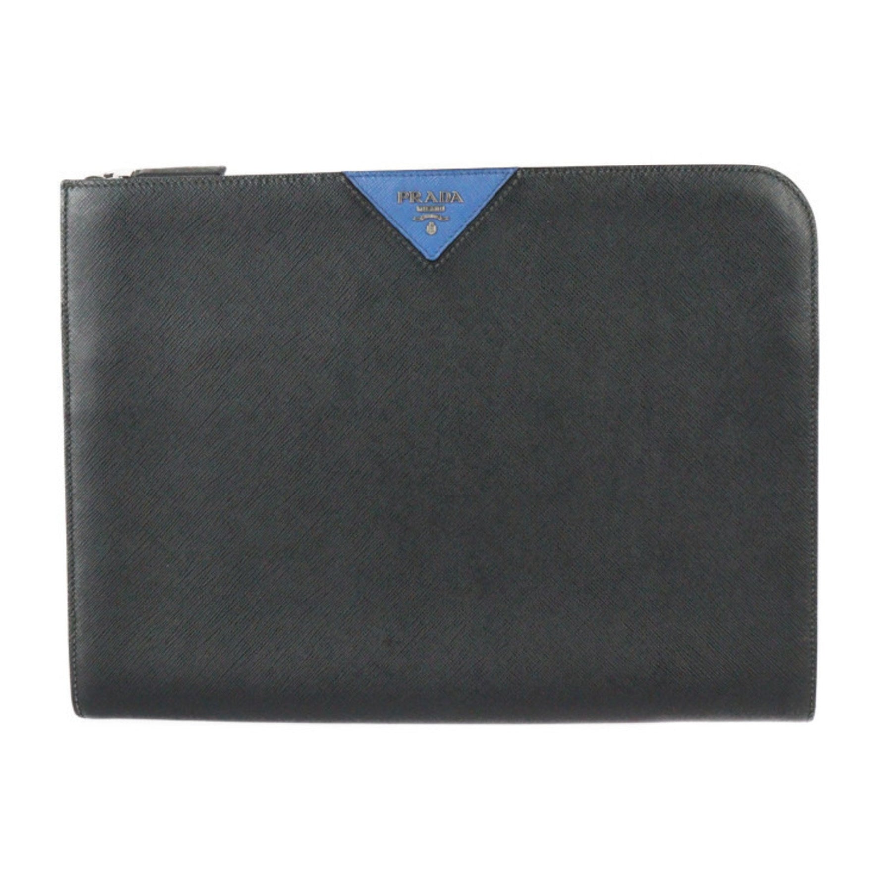 PRADA SAFFIANO TRAVEL Case Second Bag Leather Black Blue L-Shaped Clutch Pouch