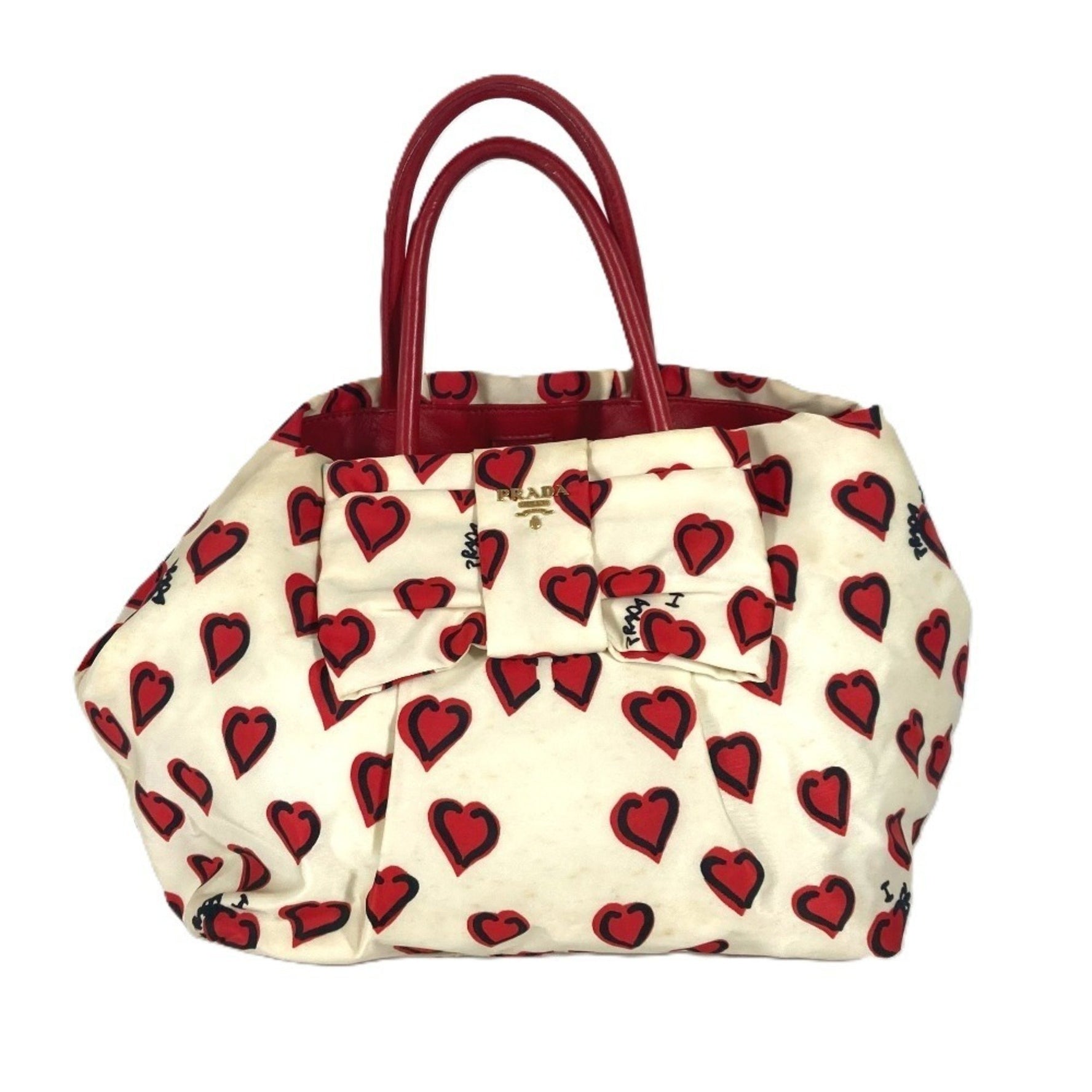 PRADA Heart Logo Handbag Bag Bicolor Tote Leather Nylon White