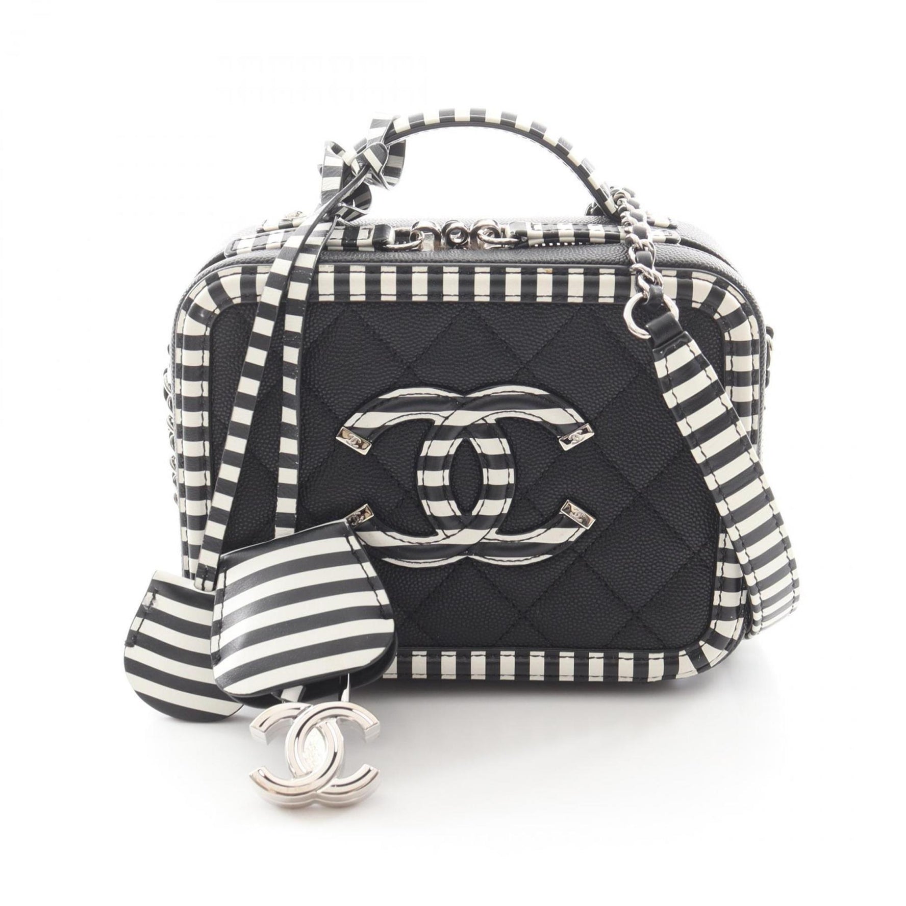 CHANEL CC Filigree Small Vanity Bag Shoulder Leather Grained Calfskin Black White