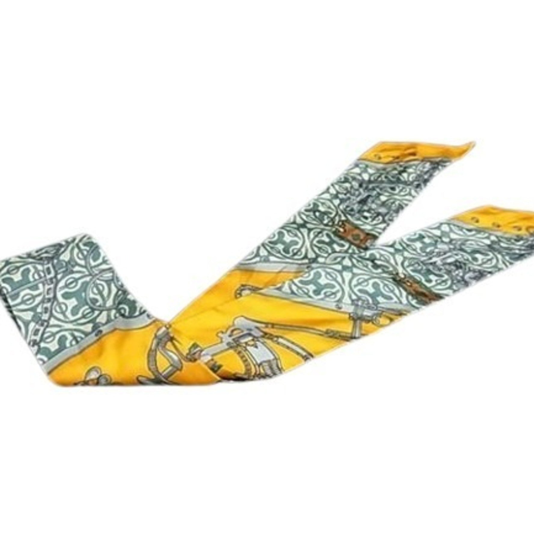 HERMES MORS ET GOURMETTES REMIX Twilly Scarf with Bit and Chain - Yellow Multicolor, 100% Silk, Ribbon